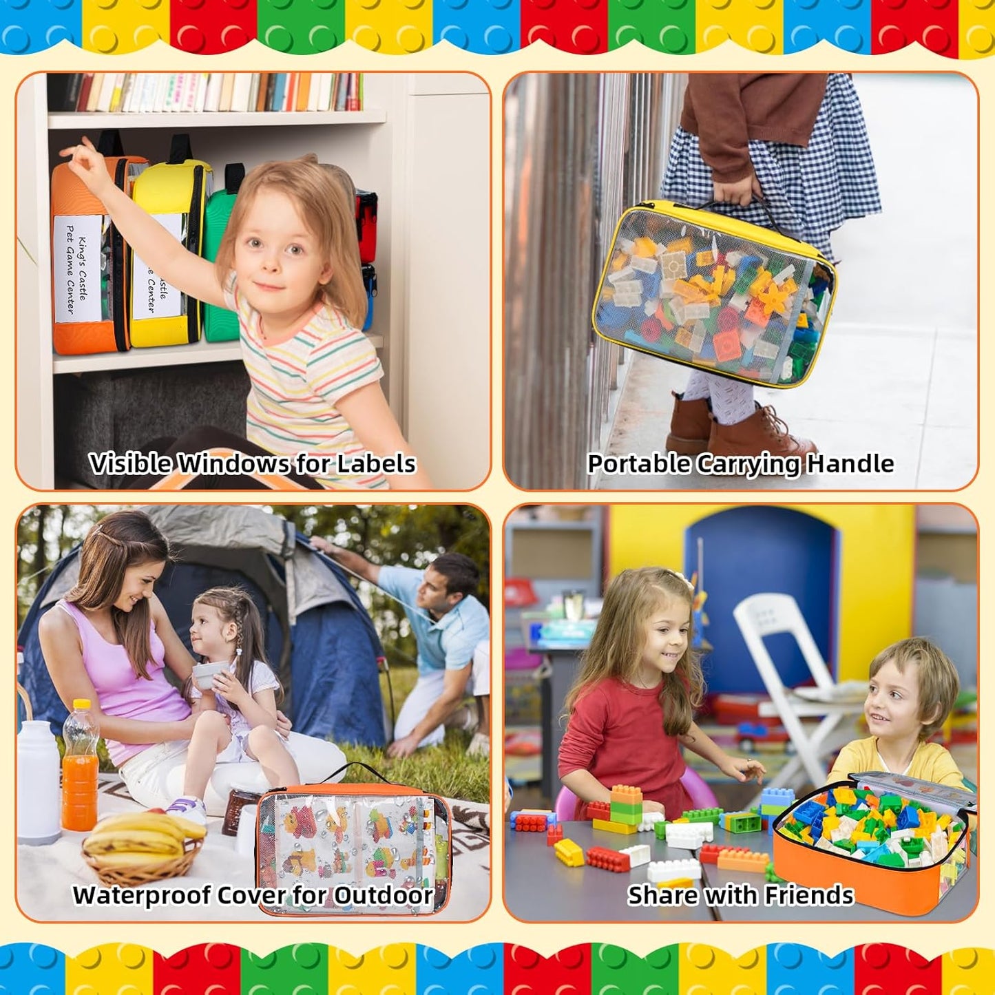 5 Pack Toy Storage Bags Compatible with LEGO Bricks, Portable Carrying Case for LEGO Easy Organizer, Puzzles Blocks Containers& Board Game Bins with Name Tag, Manual Pocket, Visible Top& Handle