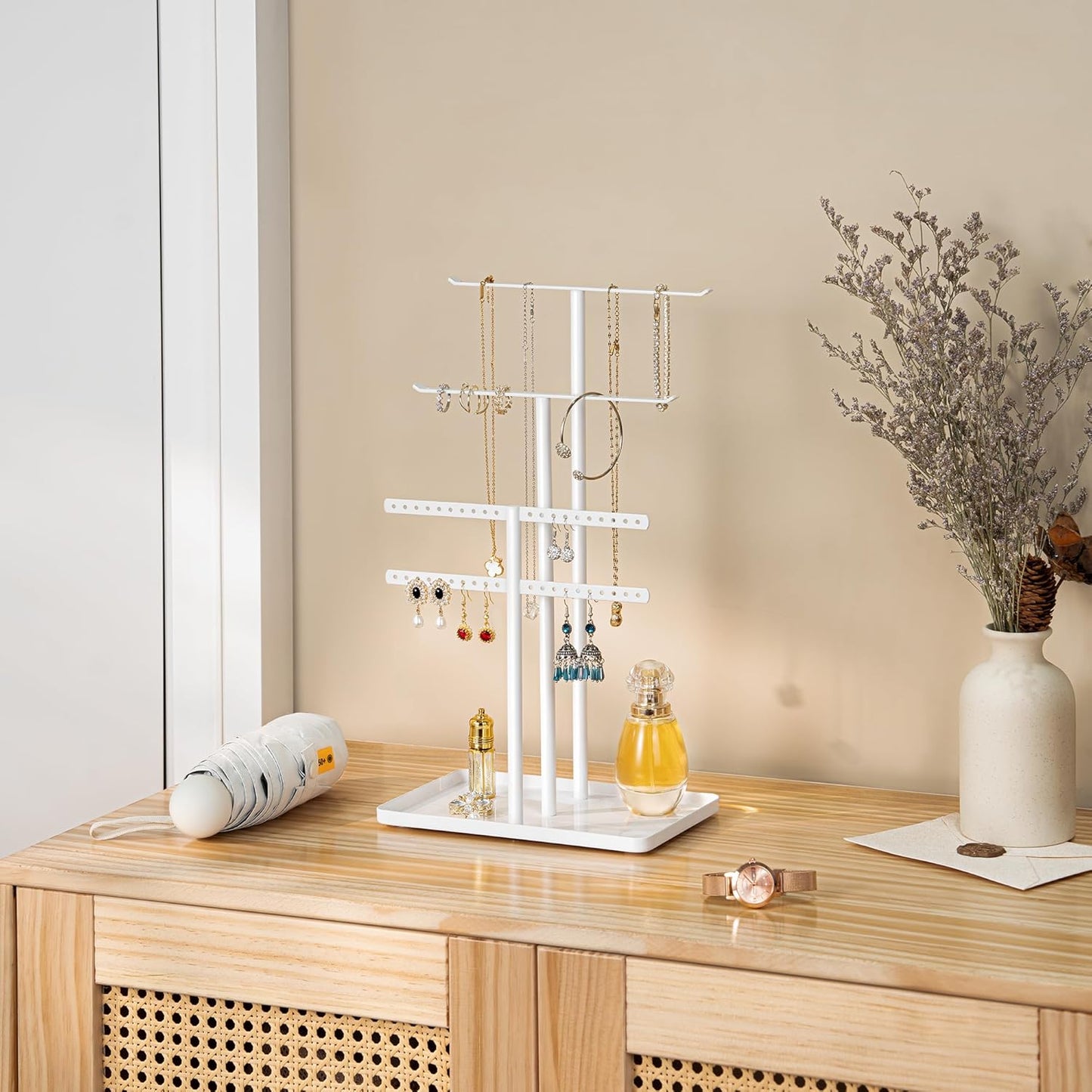 pickpiff Jewelry Stand Organizer, 14.5" Tall Sturdy Metal, 3-TierJewelry Holder for Necklace, Earring, Bracelet, Ring, Hanger for Display and Storage, Aesthetic Room Decor, White