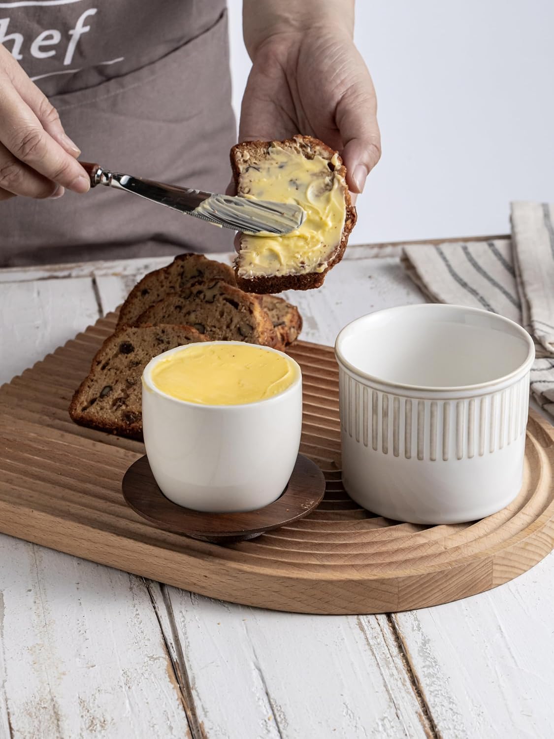 Ceramic Butter Dish With Lid, Butter Crock for Countertop, French Butter Keeper Holder for Spreadable Butter, Classic Stripe, Cream White