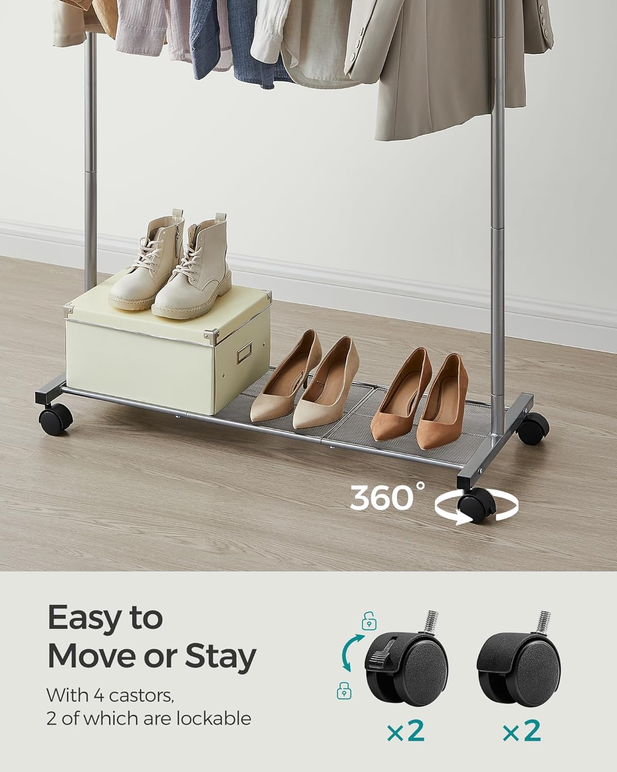 SONGMICS Clothes Rack with Wheels, Clothing Rack for Hanging Clothes, 25.4 mm Metal Garment Rack with Dense Mesh Storage Shelf, 110 lb Load Capacity, 2 Brakes, Gray UHSR025G01