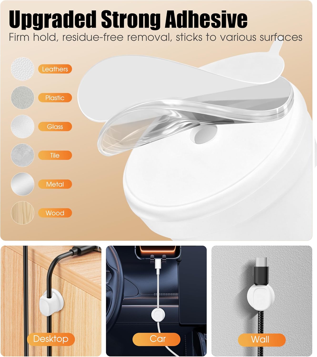 8 Pack Cord Organizer, Ω-Shaped Rotatable Cable Clips, Strong Adhesive Cable Management with Nails, Cord Holder for Nightstand, Desk, and Wall (White)
