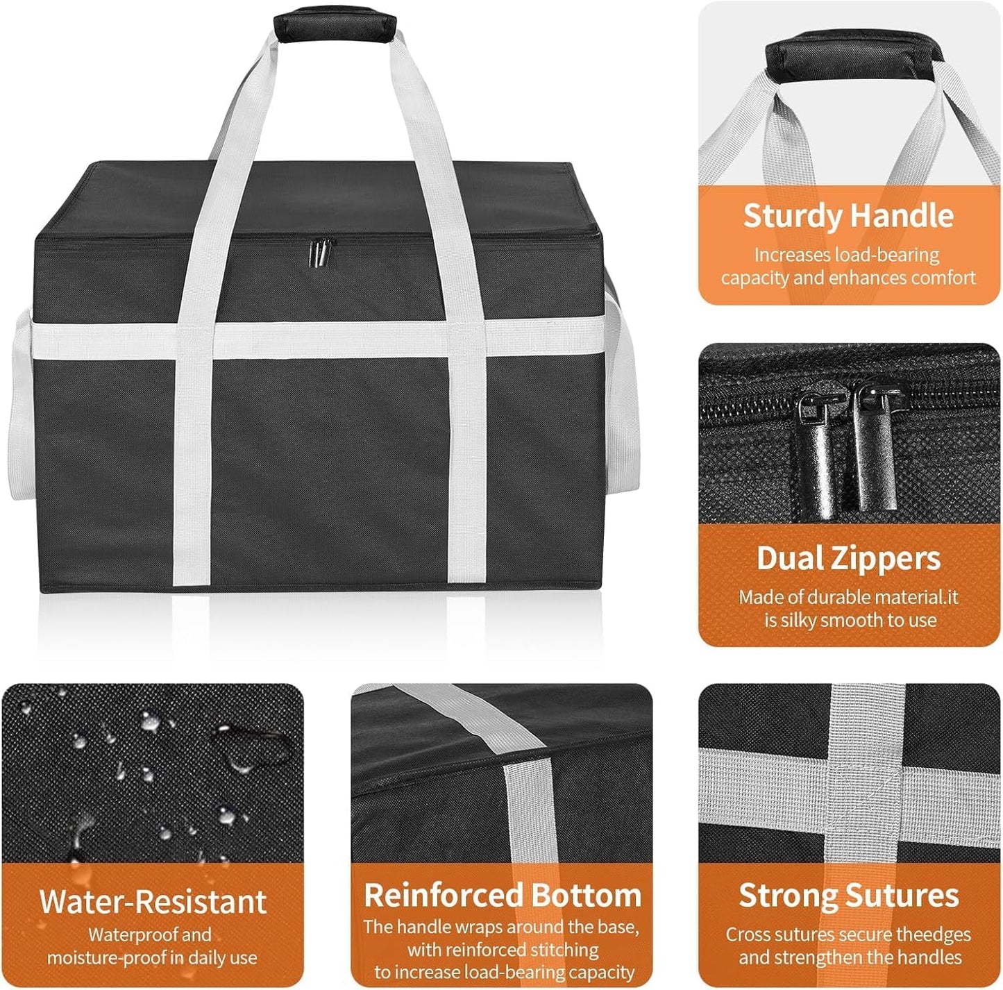 XXXL 2 Pack Insulated Food Delivery Bag with Removable Hard Bottom, Reusable Insulated Grocery Bag for Hot and Cold Food, Catering Cooler for Doordash, Warmers, Parties (Black+Red)