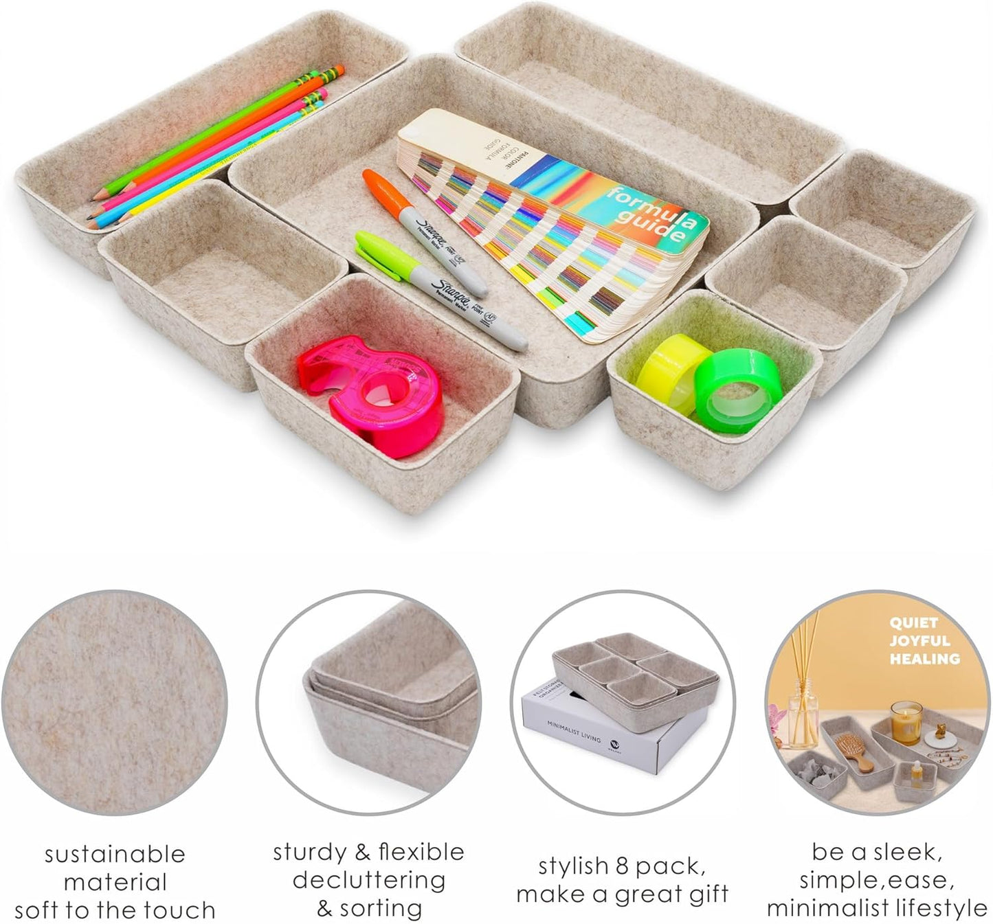 Welaxy 8-piece Nordic Beige desk drawer organizer tray office suppliers pens decluttering aesthetic wabi-sabi Scandinavian-chic storage bin hygge sleek minimalist gift solutions (Oatmeal)