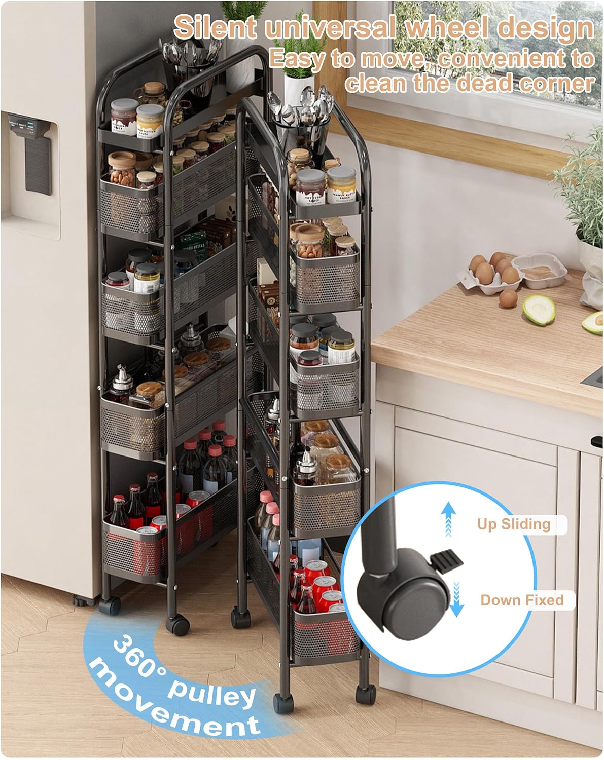 UMDONX Slim Storage Cart 5 Tier with Pull Out Basket Bathroom Organizer Rolling cart, Rolling Utility Cart Slide Out Organizer for Kitchen, Bathroom, Laundry Black