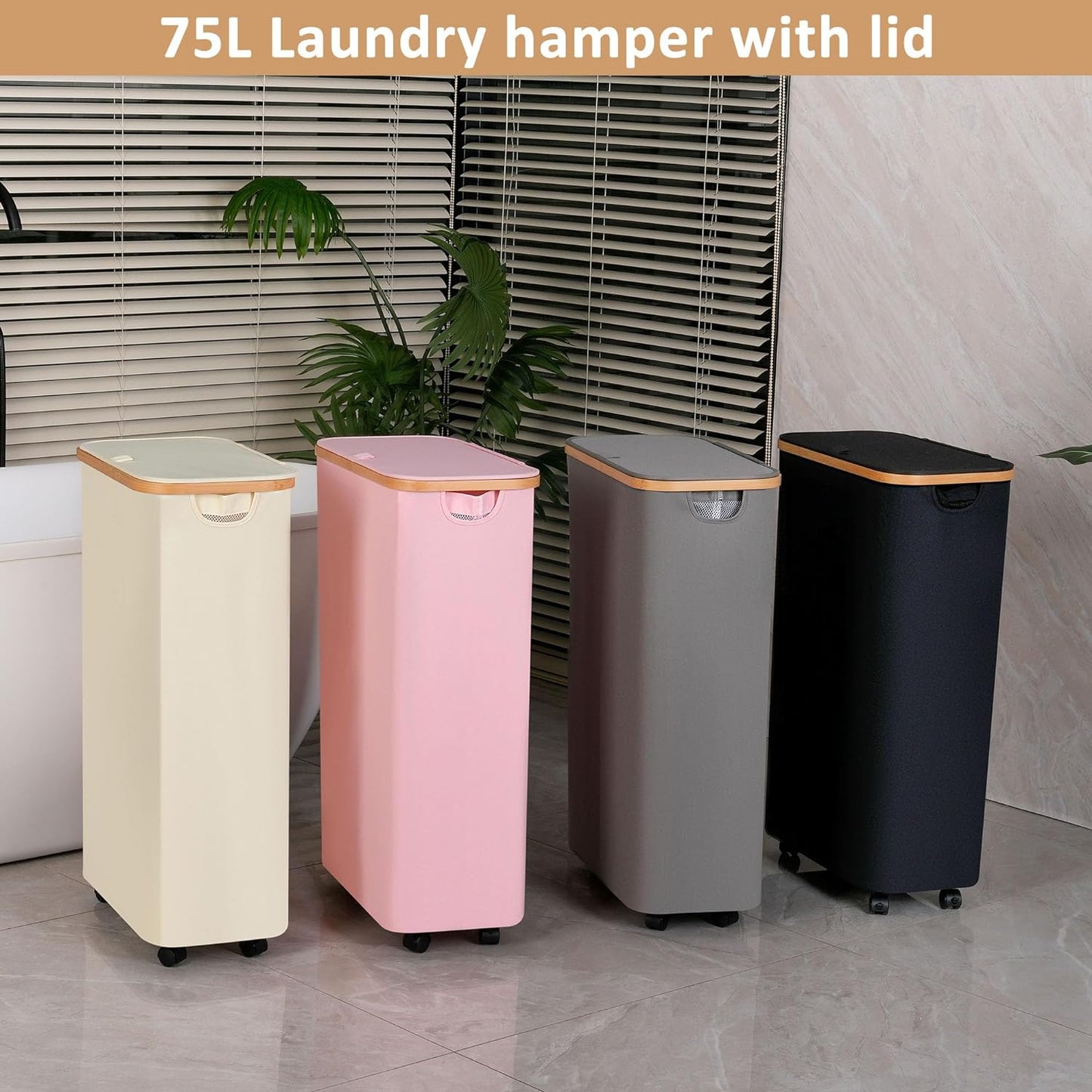 Laundry Basket with Wheels, 75L Beige Clothes Hamper for Laundry, Laundry Hamper with Lid and Inner Bag, for Laundry Room, Bedroom, Dormitory Storage,Beige