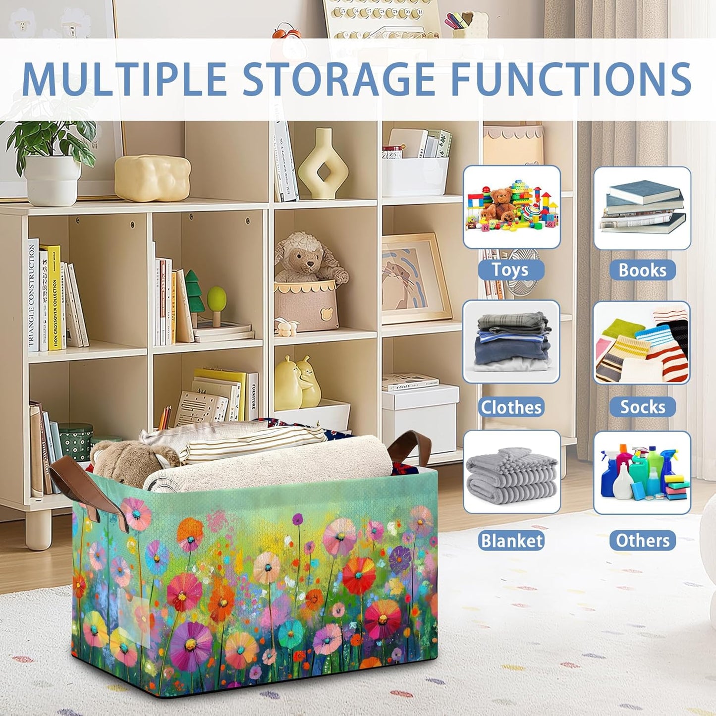Retro Flowers Floral Storage Basket with Handles,Colorful Collapsible Rectangle Organizer Bin for Room Decoration Books Box Baskets 17x11.5x10Inch