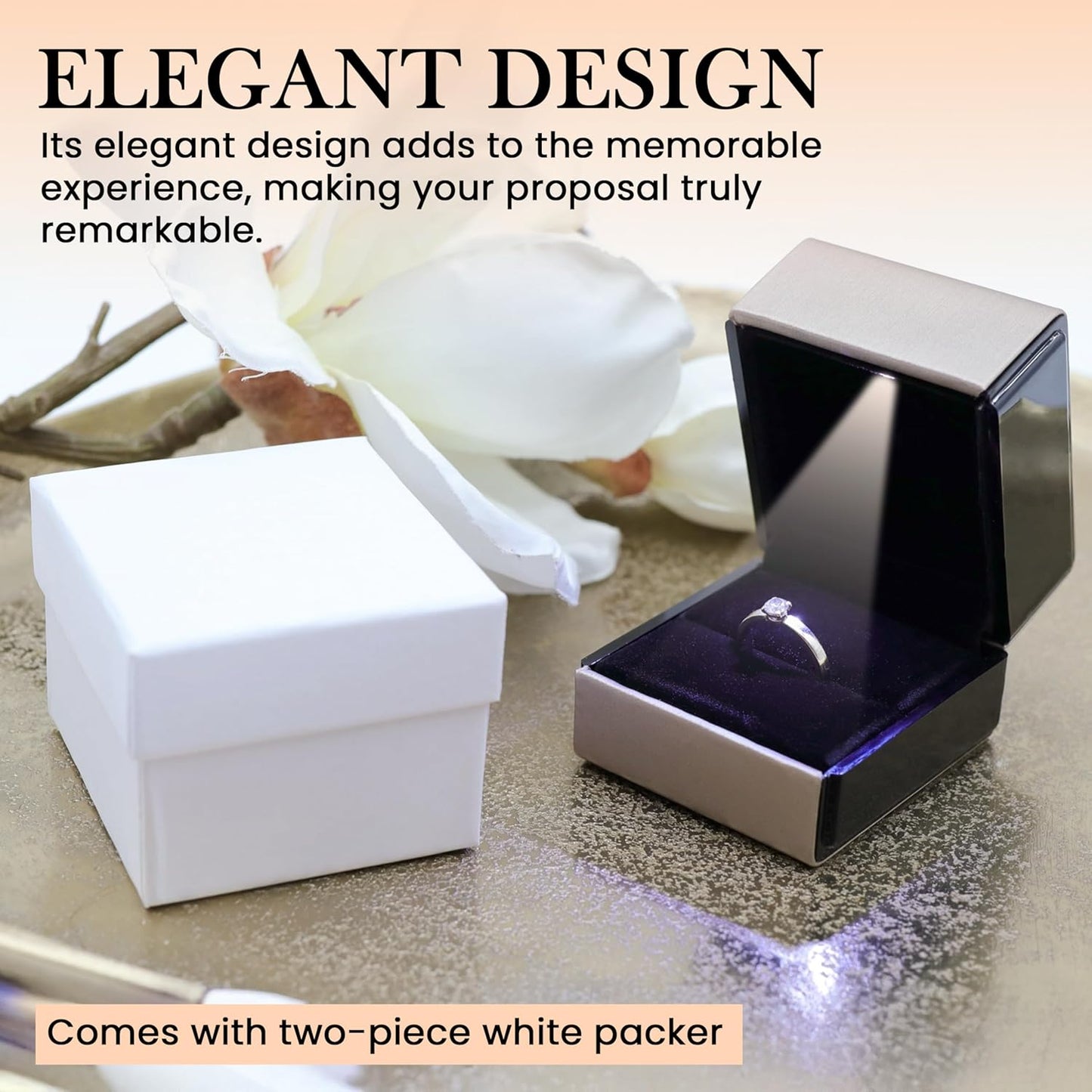 Novel Box Square Shaped Gold Ring Box With LED Light 2.25X2X2.5 Inches - Jewelry Ring Case Best for Jewelry Displays - Gift Boxes for Mother's Day, Engagement, Anniversary & more Happy Occasions
