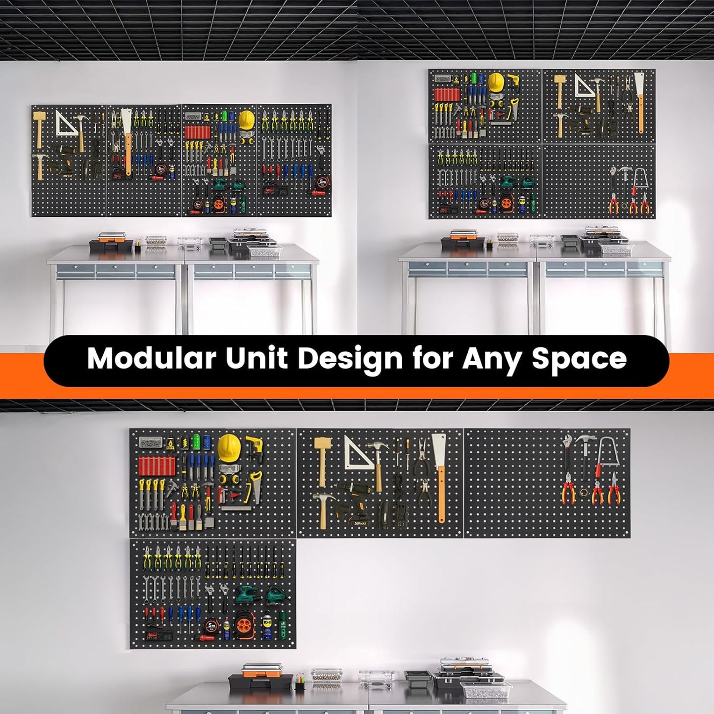 Pegboard, 4 PCS 24"×16" Metal Peg Board Panels Black Modular Wall Organizer Kit with 40 Hooks, Dual-Size Hole Design for Home Tool Storage, Garage Organization, Kitchen, Office, Craft Room