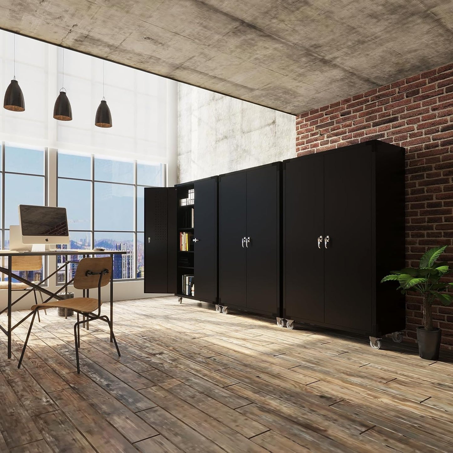 VINGLI Upgraded Wide & Deep Garage Storage Cabinet, Metal Storage Cabinet with Pegboards, Wheels, Locking Doors and Adjustable Shelves (Black, 43''W x 20''D x 72''H)