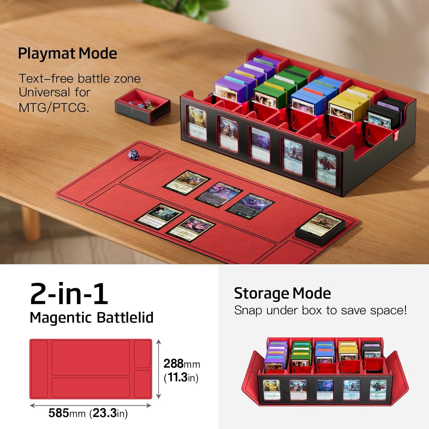 Trading Card Storage Box 5-Row 3900+ Capacity,TCG MTG Card Case with Magnetic Lid & Commander Display,Top Loader Storage for Sports Cards,Includes Dividers Dice Box(Black&Red)