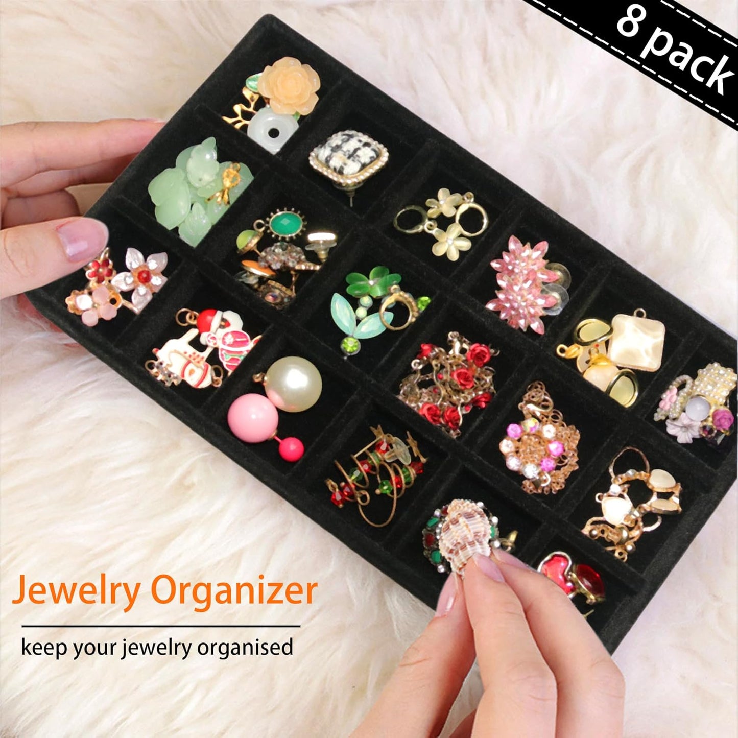 8 Pack Earring Organizer Holder Velvet Jewelry Tray for Drawer Stackable Jewelryy Organizer Divided Display Tray for Earring 144 Grids, Black