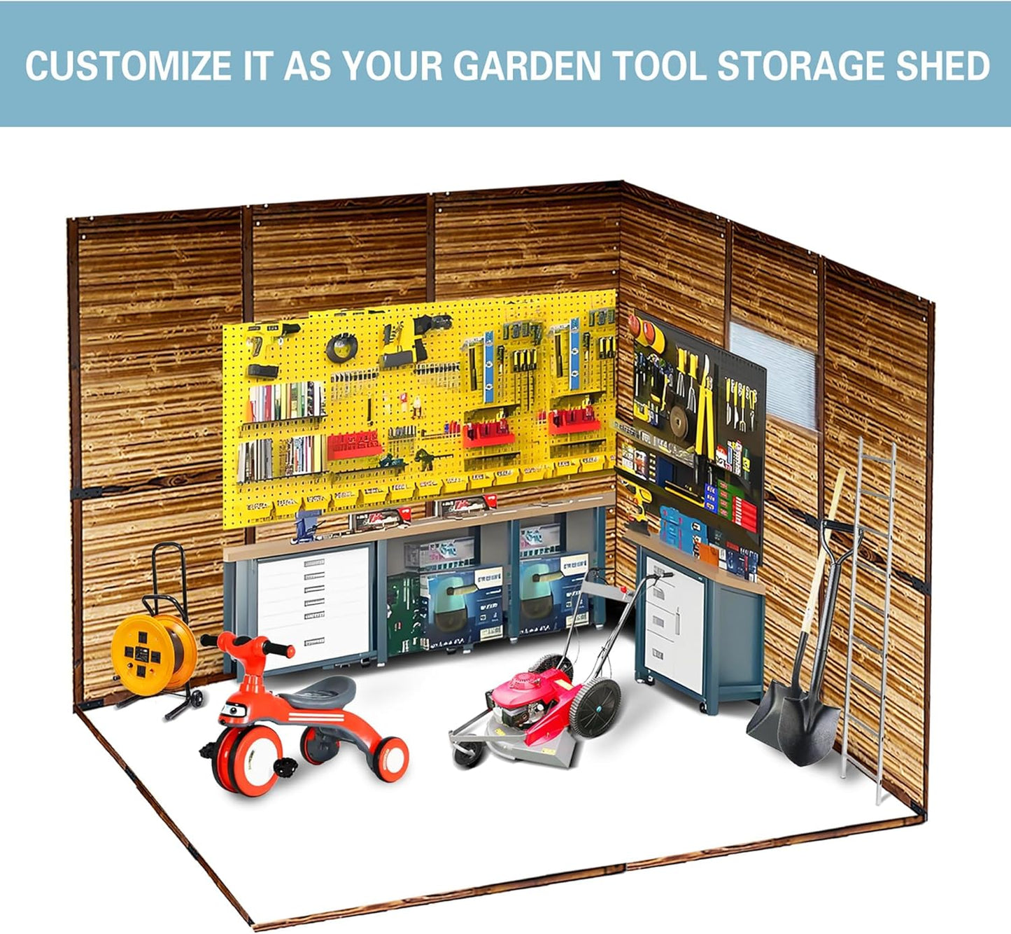 8x8 FT Outdoor Storage Shed with Windows, Wood & Metal Tool Shed Waterproof Storage House for Outside Patio, Backyard, Garden, 4 Vents (Without Floor) Wood Color