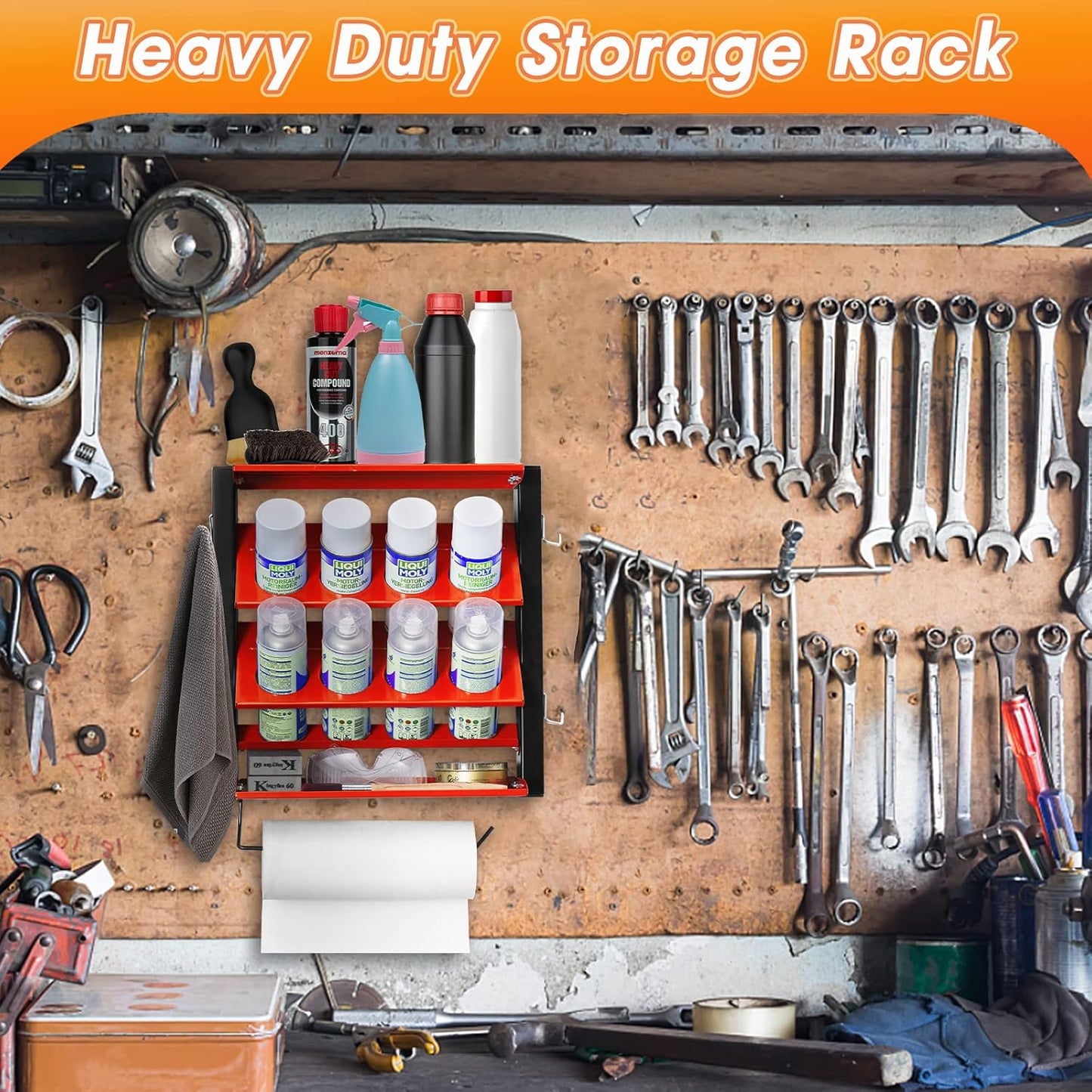 Ultrawall Spray Can Holder Rack With Paper Towel Holder, Steel Wall Mounted Spray Bottle Holder, Garage Wall Mount Shelf, Utility Storage Rack, Tool Storage Rack, Holds 100 lbs