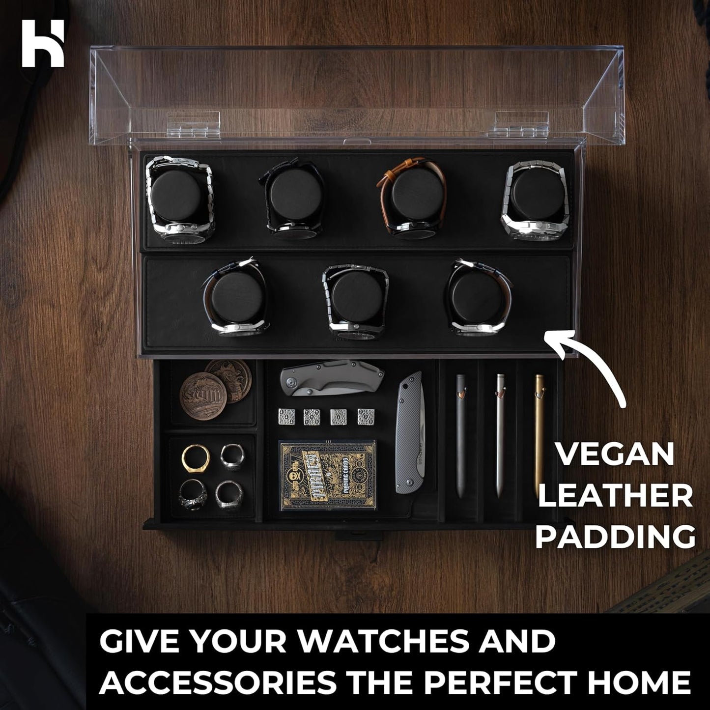 Premium 7 Slot Watch Box for Men - Large Wooden Watch Display Case with Hinged Cover, Leather Lining & Drawer - Watch Holder Organizer Stand - Handcrafted Luxury Christmas Gift for Men