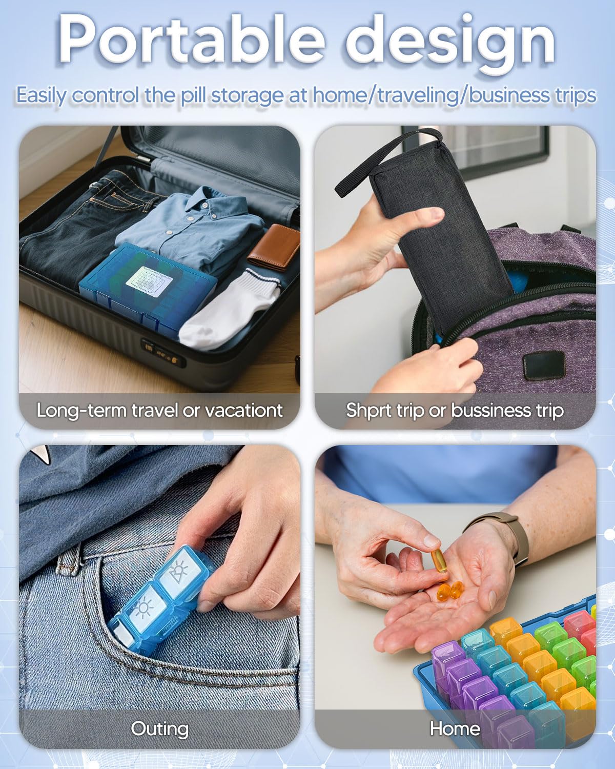 Monthly Pill Organizer 3 Times a Day, FRIWOLE Medicine Box with Portable Weekly Pill Bag, Keychain Pill Case, Pill Cutter and 2 Sticker (Blue, 3 Times a Day)