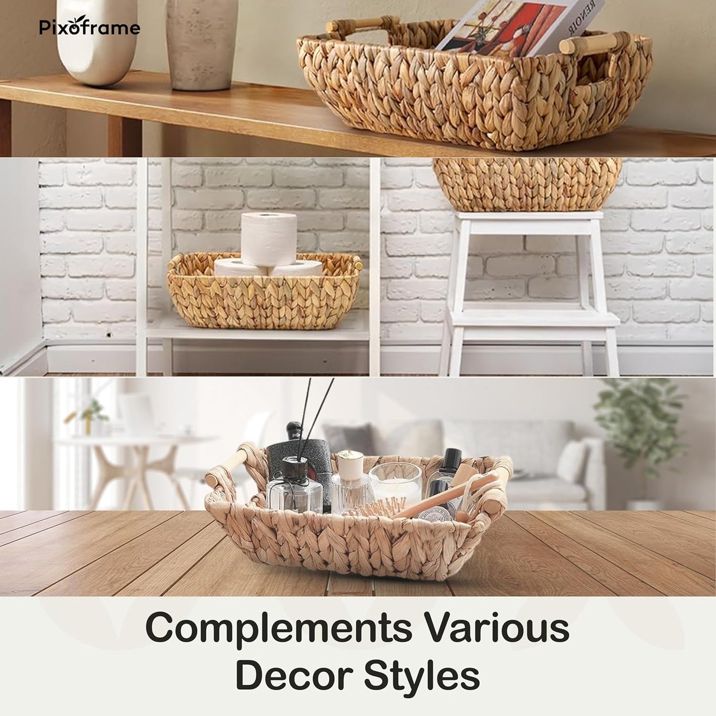 Medium Rectangular Handwoven Wicker Basket - Water Hyacinth Storage Baskets with 2 Polished Wooden Handles for Store Hand Towel, Fruits & Veggies etc – 10.75"x15.25"x5" - Pack of 2 - Natural