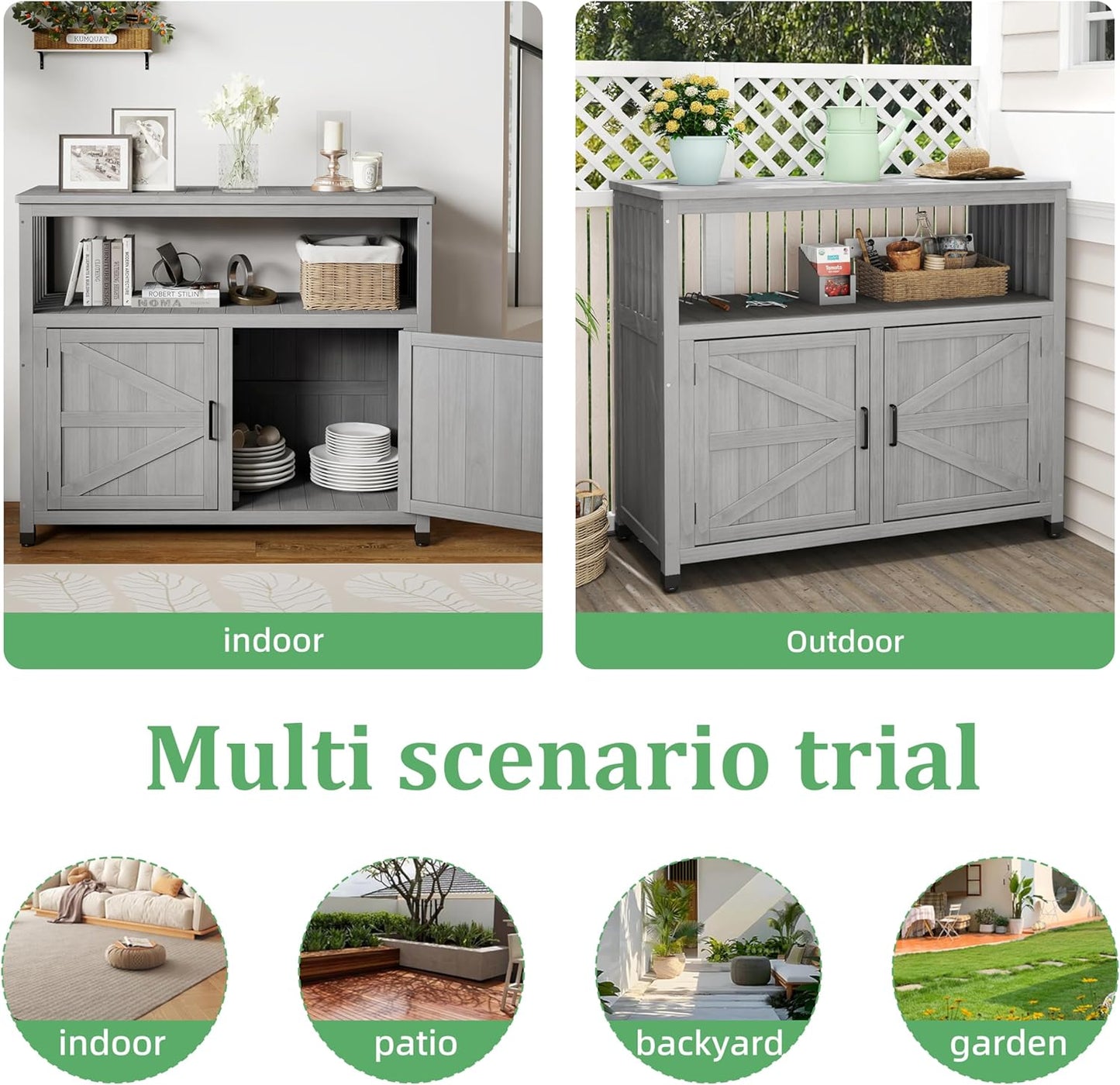Outdoor Potting Bench with Storage Cabinet and Metal Top, Wood Workstation for Outdoor Patio, Garden (Grey, 42×18×37")