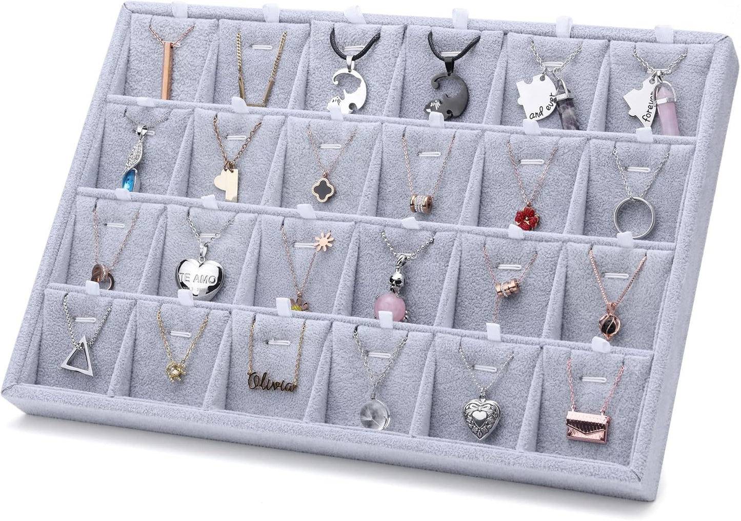 Mornajina 24 Grids Stackable Jewelry Tray Organizer with Removable Dividers, Velvet Jewelry Display Tray for Earrings Necklaces Bracelet Rings Display Showcase - Grey