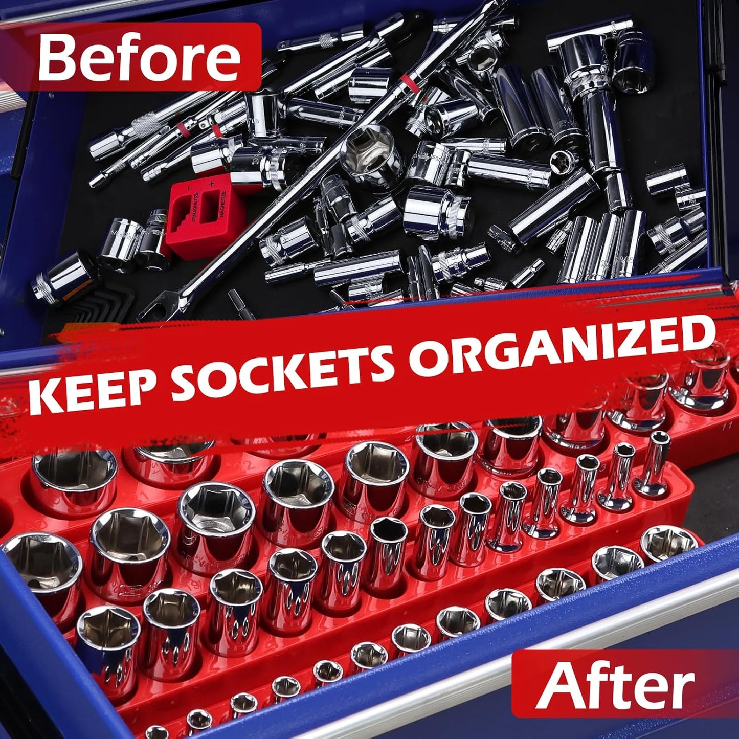 2-Piece 1/4"-Drive Metric Magnetic Socket Organizer Set (Holds 26 Sockets) - Detachable Tool Tray with 5mm Magnetic Base, Screw-Fixed Design & Heavy-Duty Modular Storage for Garage/Home Workshop