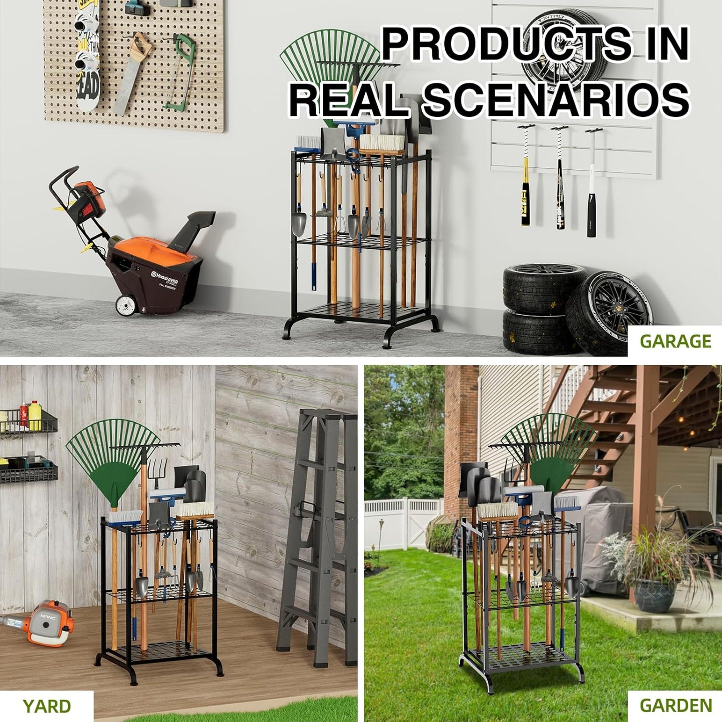 Garden Tool Organizer with Storage Hooks, Yard Tool Tower Rack for Garage Organization and Storage, Up to 35 Long-Handled Tools, Metal Tool Holder with 6 Hooks, Black