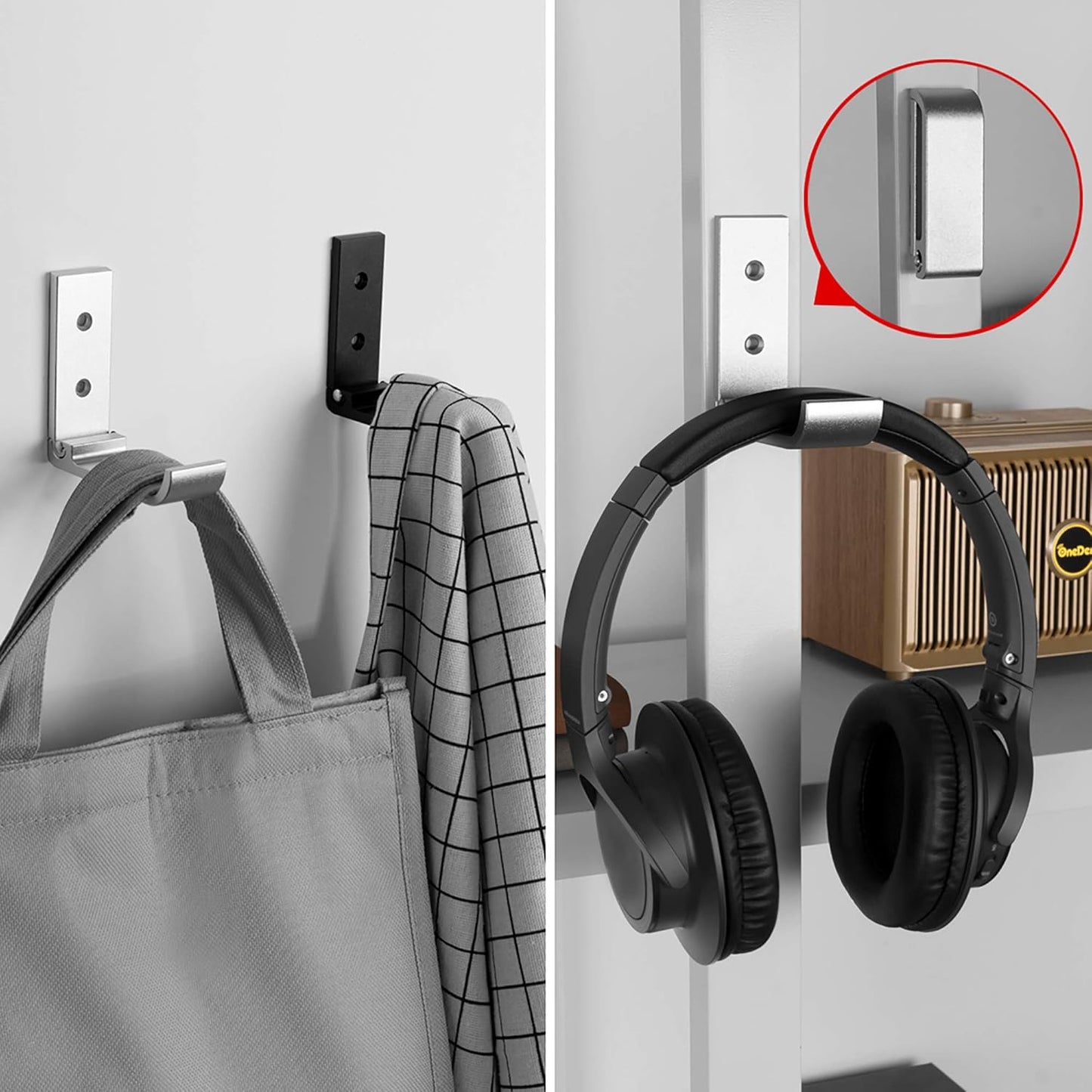Geekria Foldable Wall Mount Headphones Holder, Headset Wall Hanger, Aluminum Wall Mount Hook, Hold Up to 1KG with 3M Tape, 20KG with Screws, Stand Come with Headband Protective Pad (2pcs)