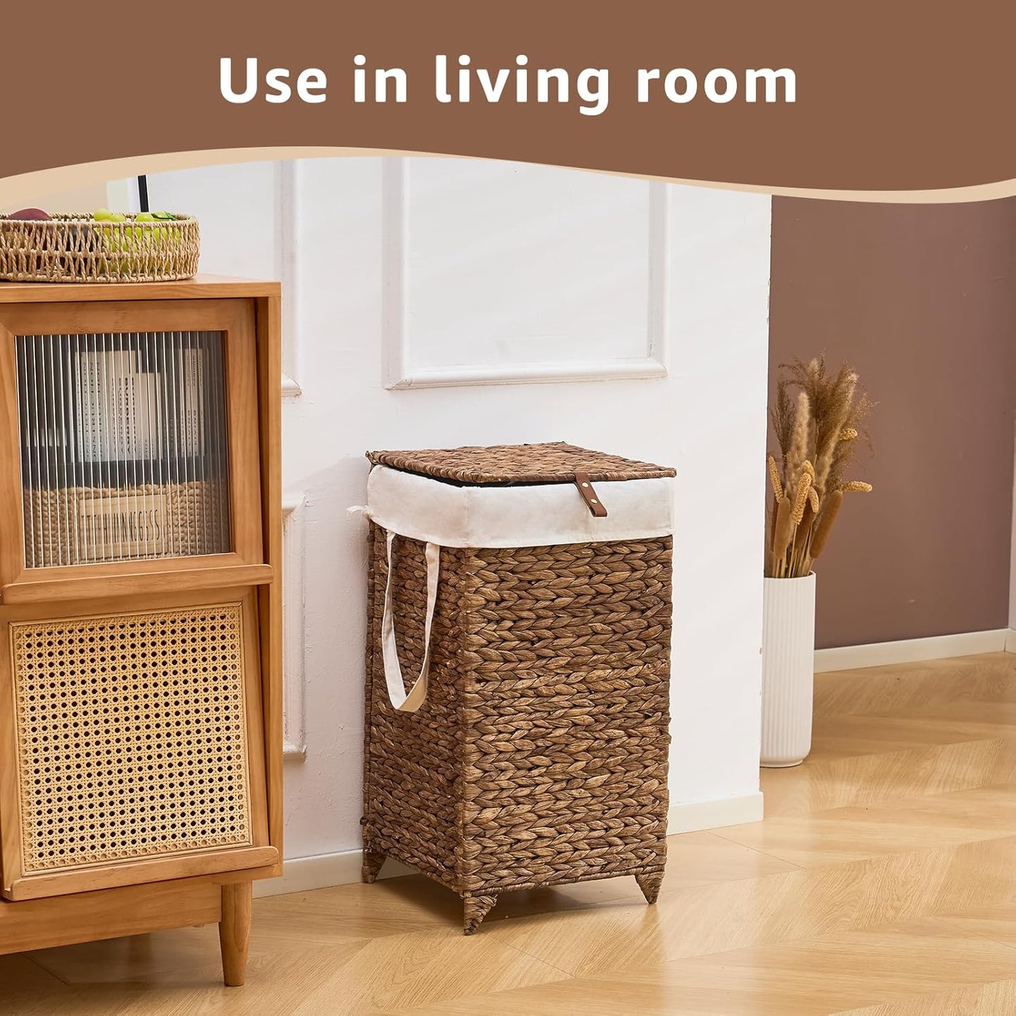 Laundry Hamper with Lid and Removable Liner Bag, Handwoven Natural Hyacinth Clothes Hamper with Heightened Feet, Wicker Laundry Basket for Clothes and Towels,Small
