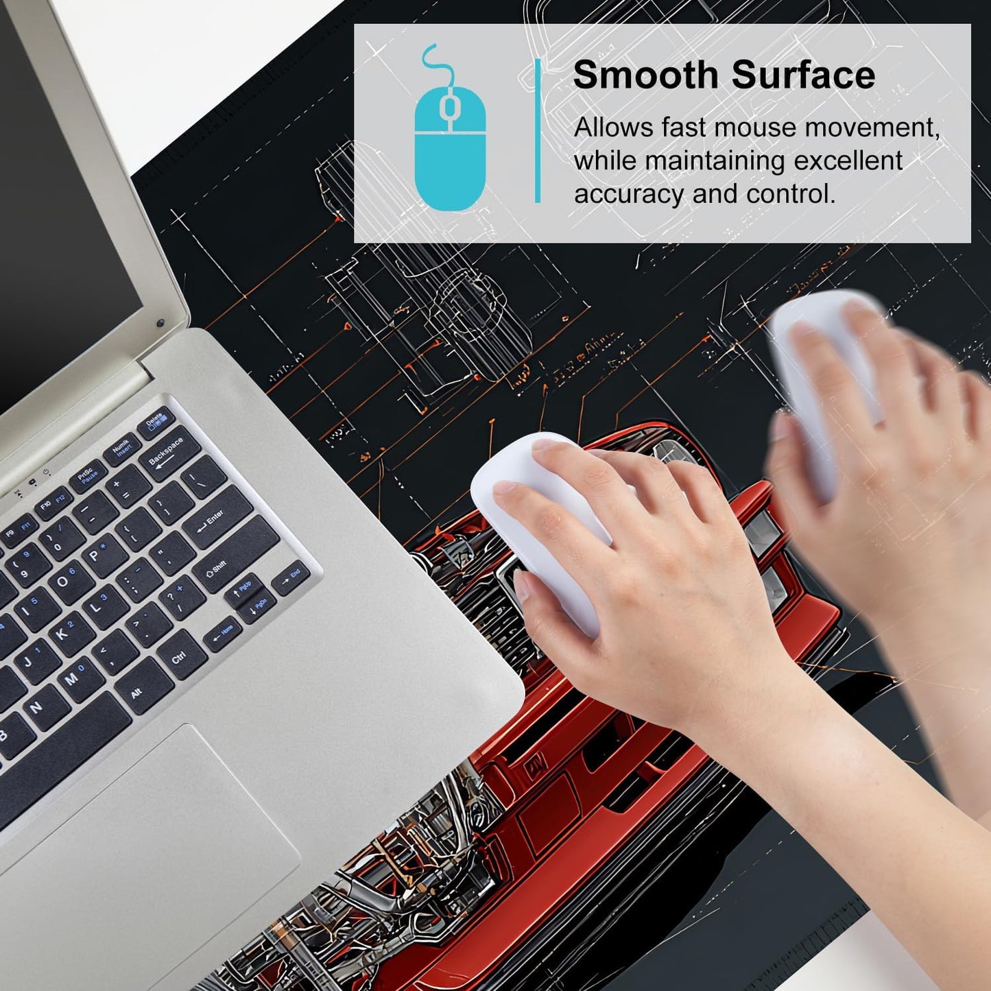 Retro Car Blueprint Mouse Pad – Large Extended Desk Mat 35.43 x 15.75 in – Classic Red Tuner Car Cutaway with Engine Diagram, Waterproof Surface, Non-Slip Rubber Base, Keyboard & Mouse Pad
