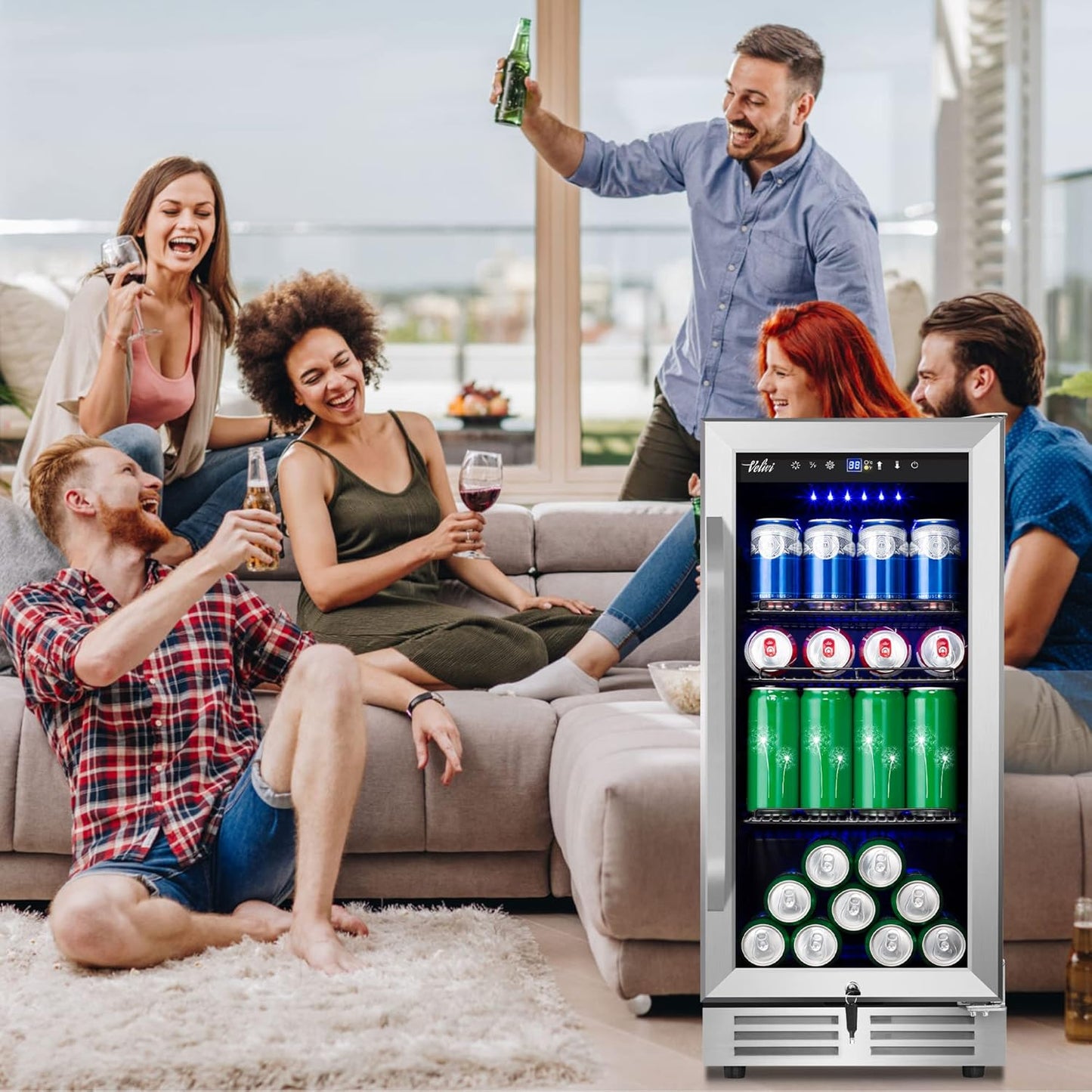 15 Inch Beverage Refrigerator - 125Cans Capacity Drink Cooler Under Counter Mini Fridge with Glass Door, Safety Lock Built-in or Freestanding Refrigerator for Soda, Beer, Wine