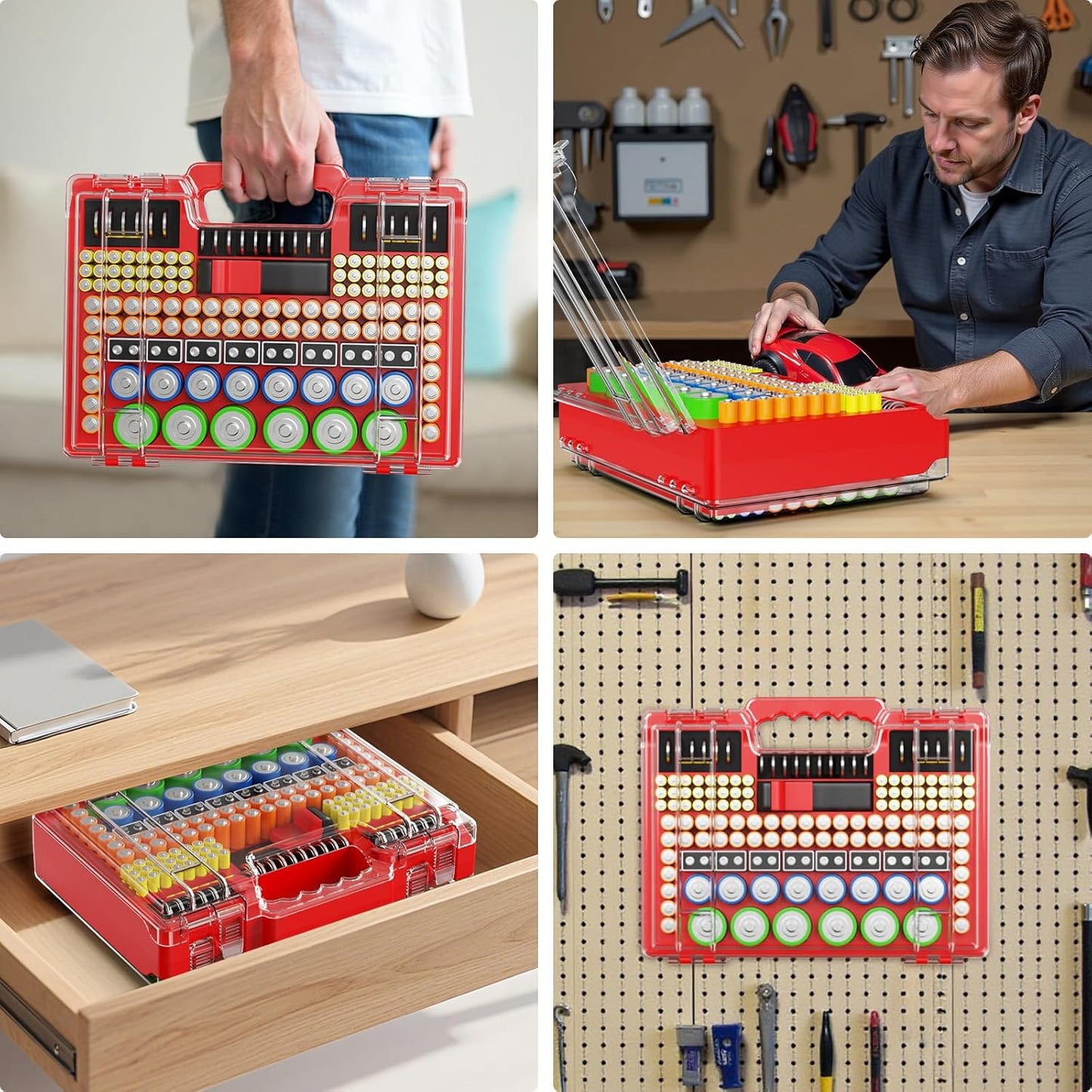 Battery Organizer Storage Holder Box Case with Tester, Stores & Protects Up to 260 Batteries, Double-Clear Locking Lid, Holds AA AAA C D and More (Not Includes Battery Pack) - Red