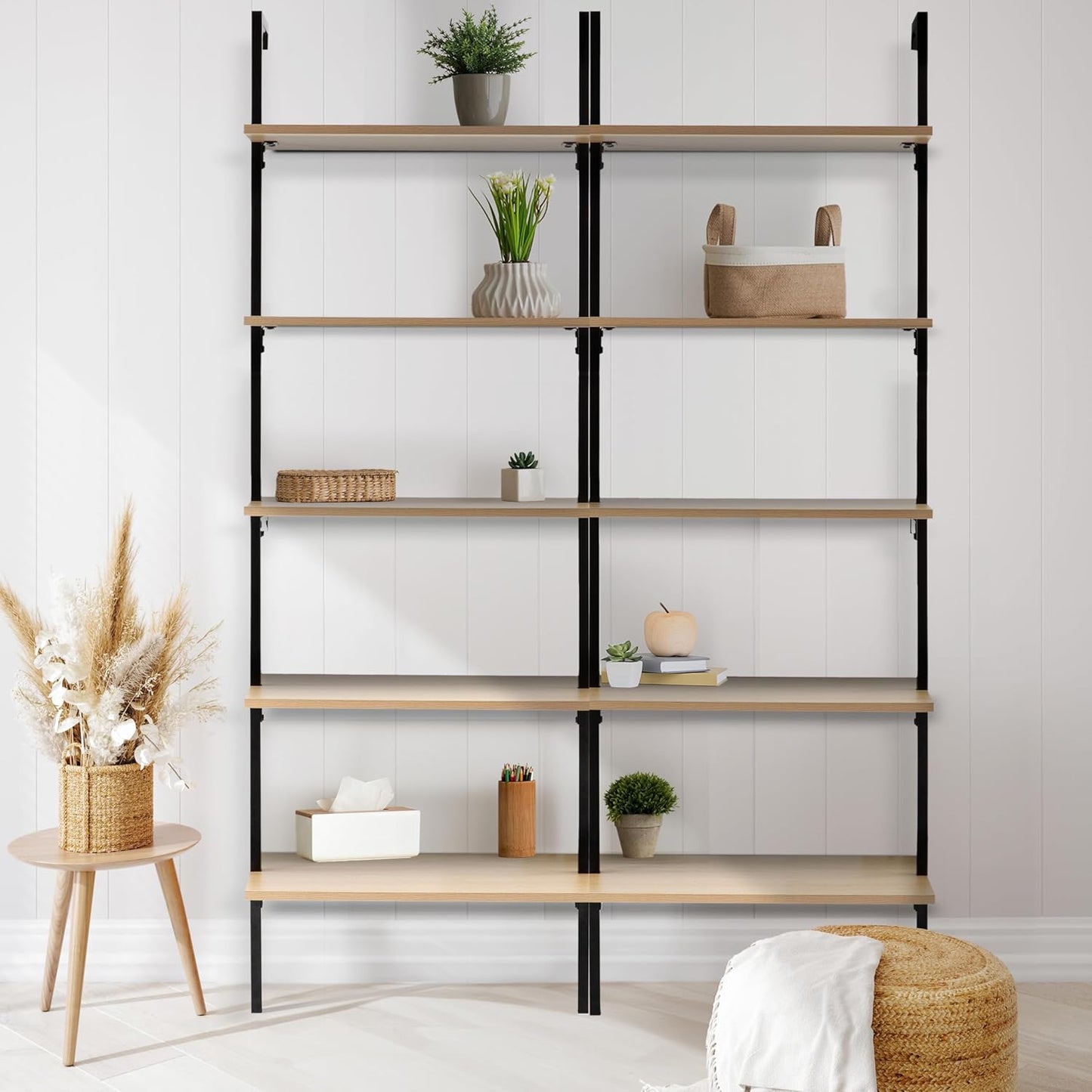 happimess MSH1001B Madera 72.05" Classic Industrial 5-Shelf Wood Wall-Mounted Open Ladder Bookcase with Metal Frame, Light Oak/Black