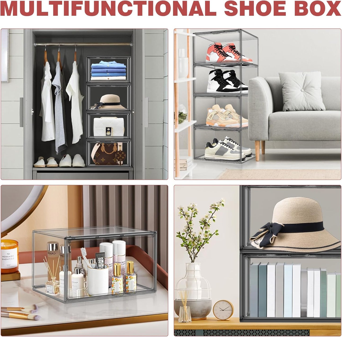 4 Pack Grey Large Shoe Storage Boxes Clear Plastic Stackable Shoe Display Case with Magnetic Door, Easy Assembly Fit up to US Size 13