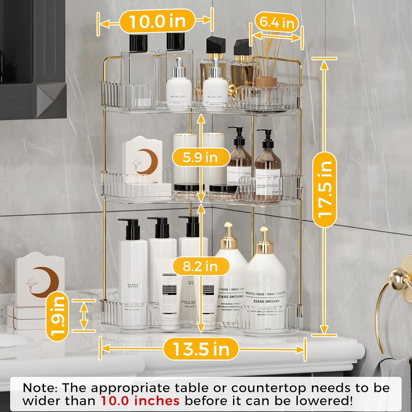 YCIA&DONE Corner Bathroom Counter Organizer, Makeup Organizer for Vanity, Skincare Cosmetic Perfume Tray, Corner Countertop Shelf Rack Storage for Bathroom Kitchen 3 Tiers (Clear White)