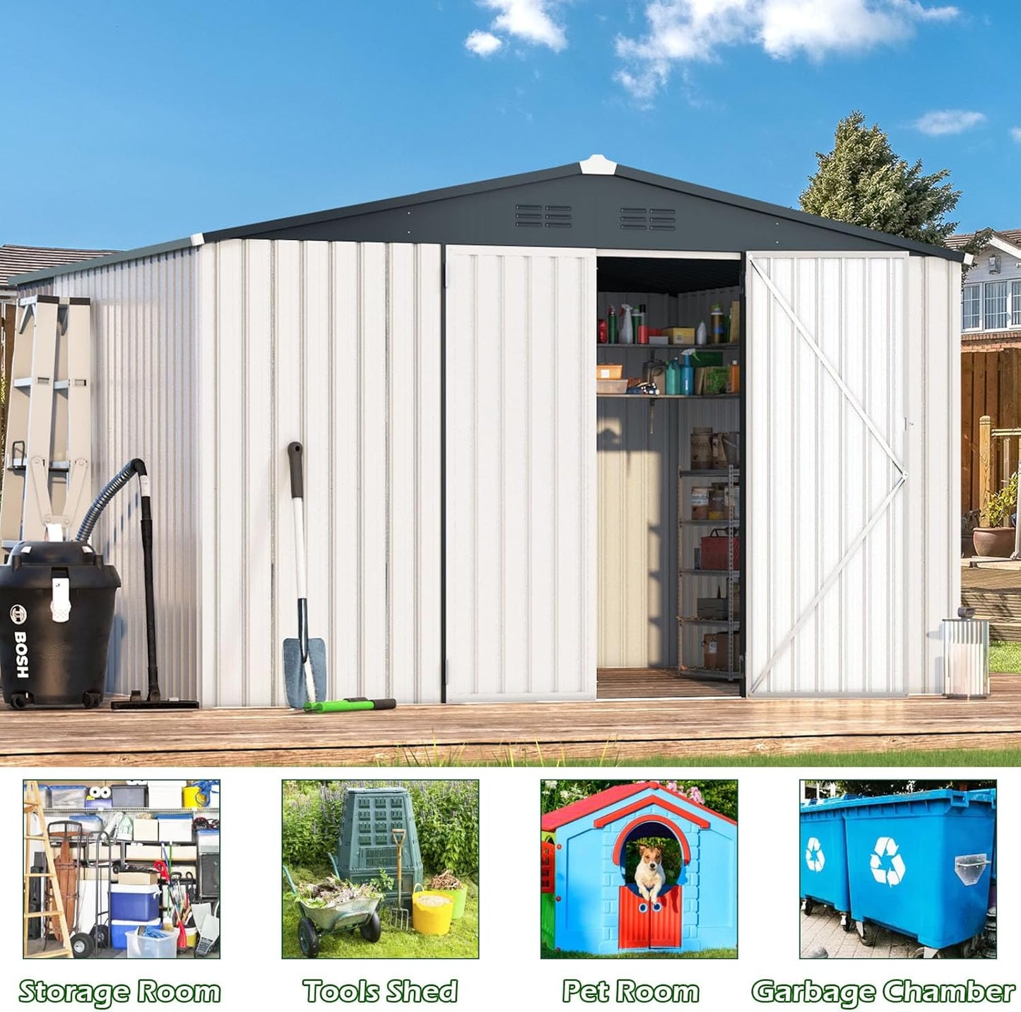 ACOJOY 10'x10' Shed, Large Metal Storage Sheds & Outdoor Clearance, Steel Backyard Shed with Lockable Doors, Utility and Tool Storage for Garden, Patio, Outside Use in White