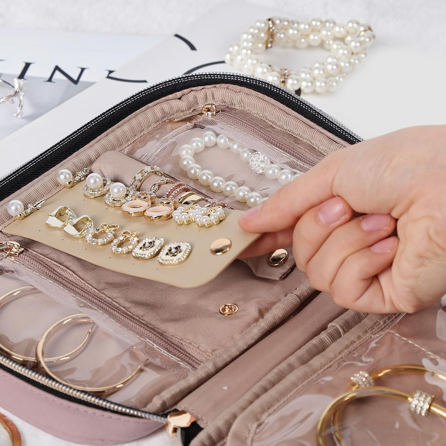 NISHEL Travel Jewelry Case, Holiday Organizer for Necklaces, Earrings, Rings, Bracelets, Watch, Peach Pink
