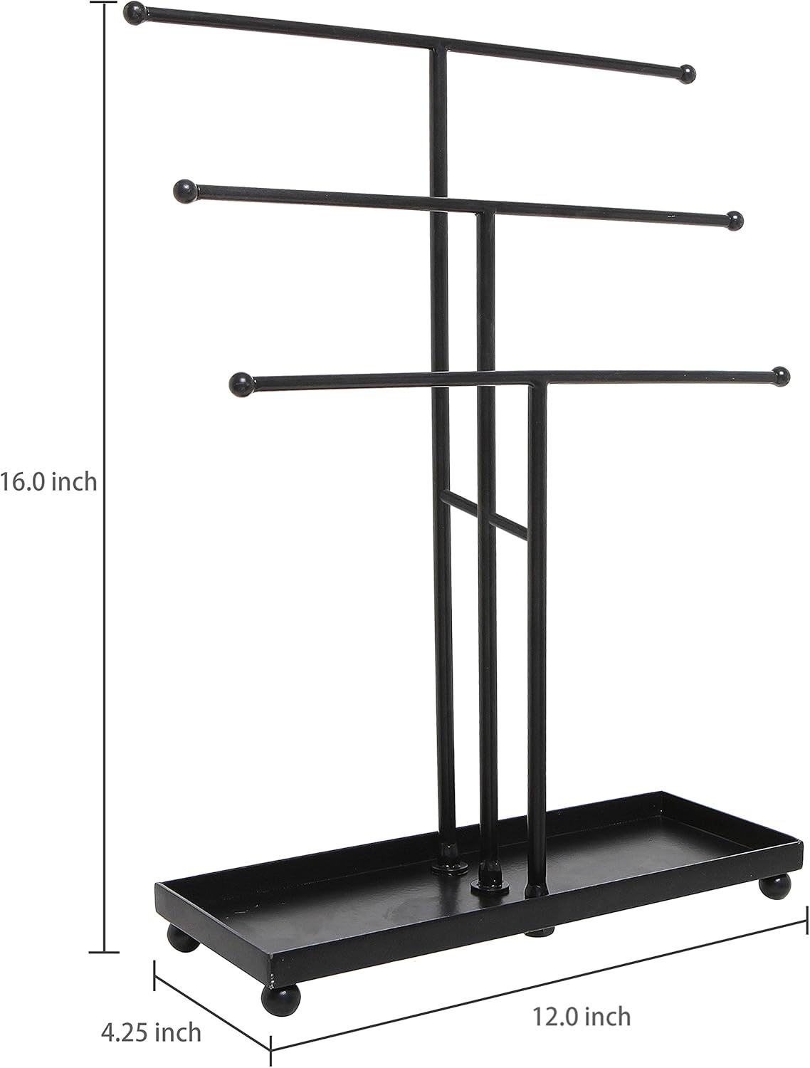 MyGift Modern Jewelry Organizer, 3 Tier Black Metal Tabletop Bracelet and Necklace Jewelry Storage Display Tree Rack with Base Ring Tray