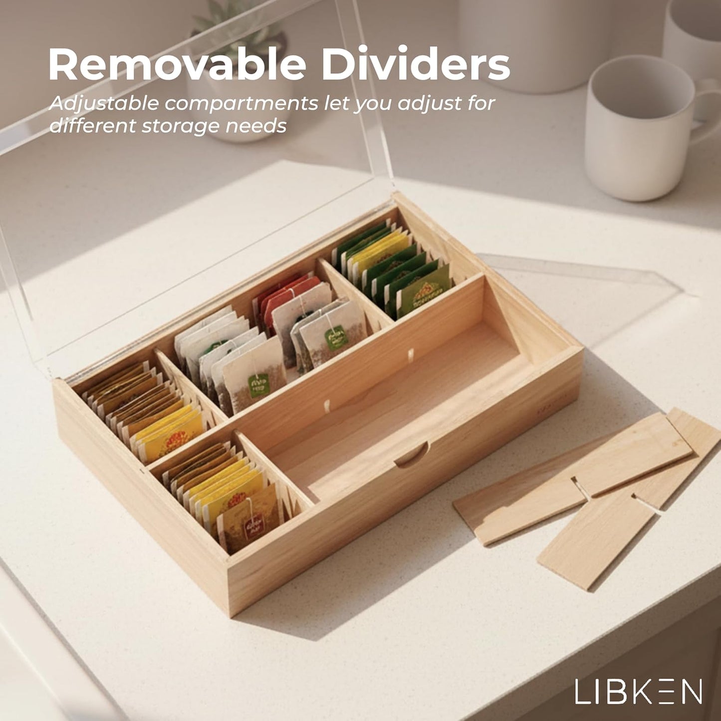 Wooden Tea Bag Organizer Box – 8 Compartment Tea Storage with Clear Lid – Minimalist Scandinavian Design – Versatile Wooden Tea Box for Tea Bags, Jewelry, Crafts, Office & Countertop Storage