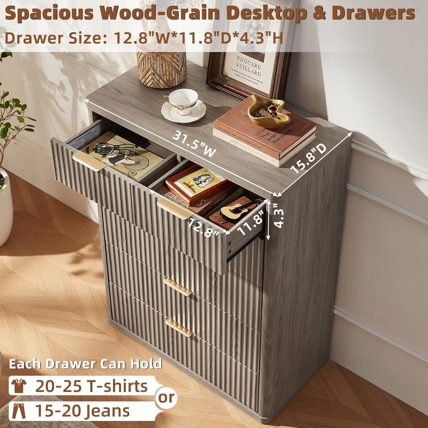LEYAOYAO Fluted 6 Drawers Dresser for Bedroom Set of 2, 42" Tall Modern Chest of Drawers with Metal Handle, Curved Profile Design,Grey Wood Drawer Organizer for Bedroom, Living Room, Hallway