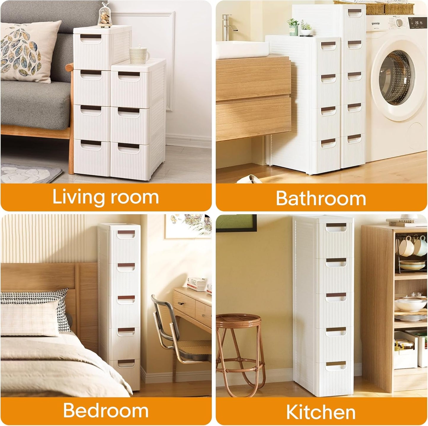 4 Drawers Slim Bathroom Storage Cabinet Dresser, Narrow Plastic Rolling Cart Organizer with Drawers, for Small Spaces, Kitchen, Laundry, Office, Bedroom, White