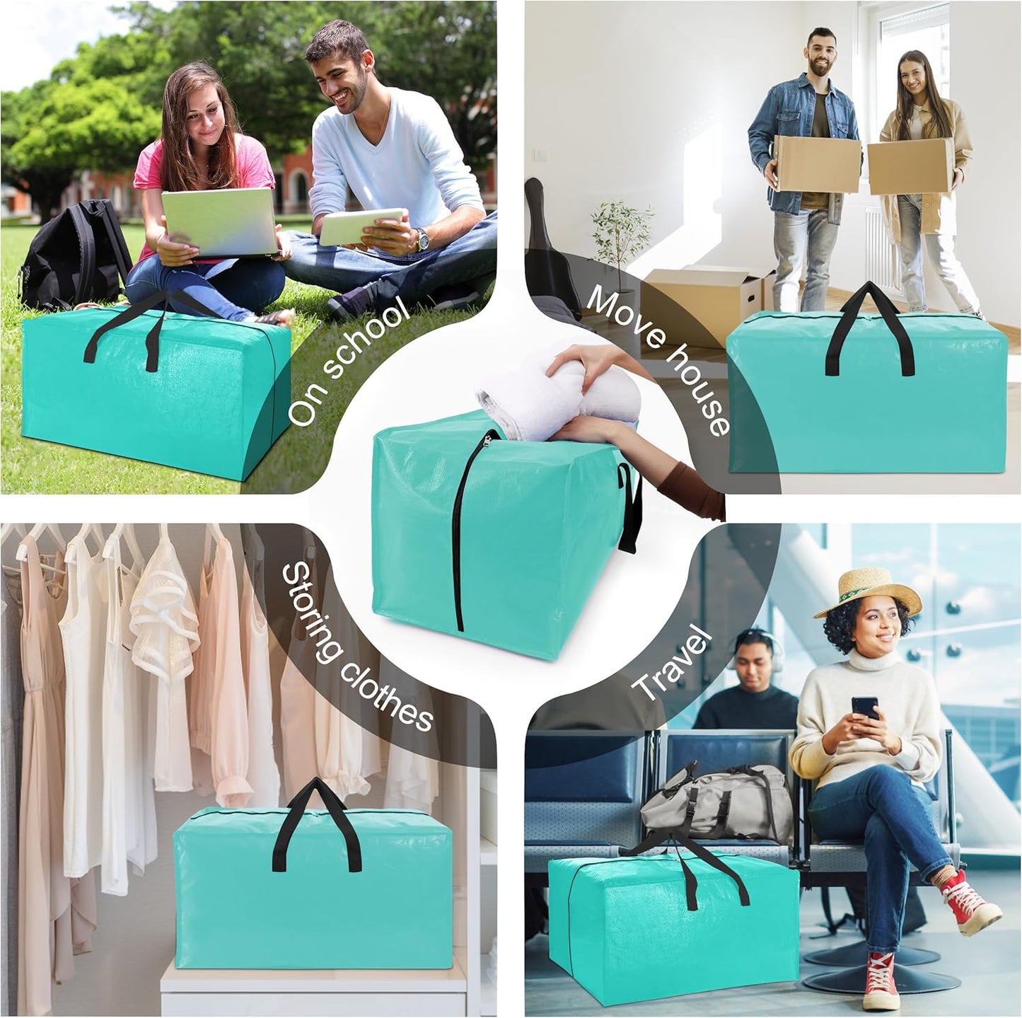 6 Pack Heavy Duty Extra Large Moving Bags W/Backpack Straps - Strong Handles & Zippers, Storage Totes For Space Saving, Fold Flat, Alternative to Box and Bin (40 gal, Aquamarine)