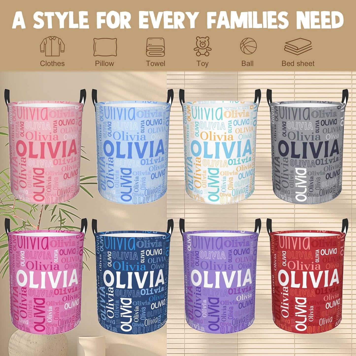 Custom Name Laundry Hamper, Personalized Laundry Basket with Name for Boys Girls Kids Men Women, Customized Name Dirty Clothes Basket Gifts for Clothes Toy Bathroom Bedroom Laundry Room Dorm