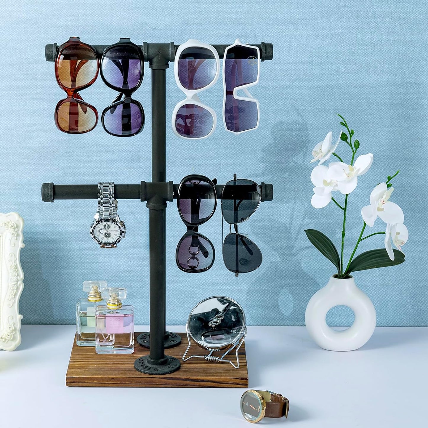 MyGift Adjustable 2-Tier Industrial Jewelry Display Stand - Rustic Metal Pipe & Brown Wood Base for Necklaces, Bracelets, Watches - Home & Boutique Decor (11.75" H)
