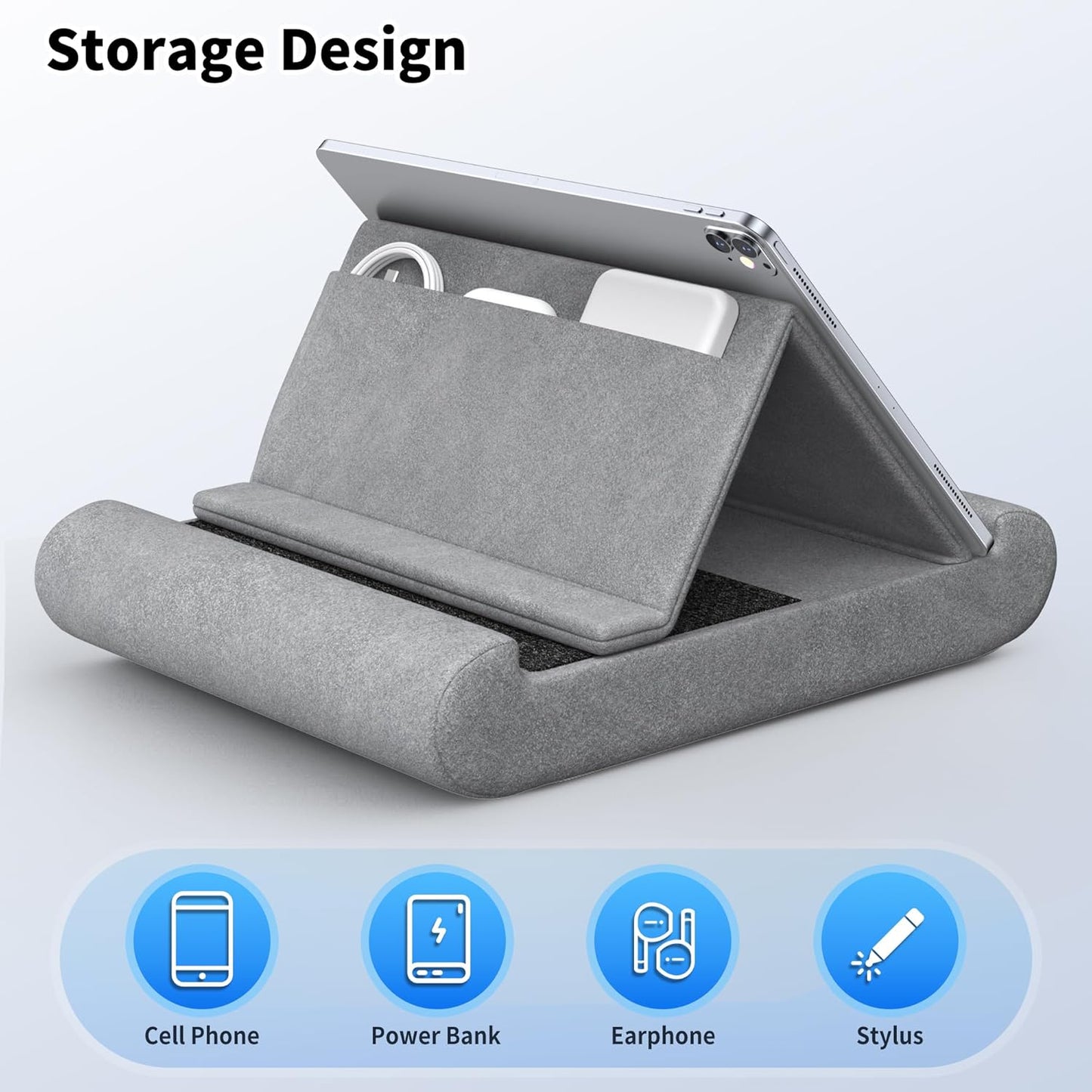CreaDream Tablet Pillow Stand, Foldable Tablet Holder for Lap, Bed and Desk, Soft Pillow Pad with Pocket and Stylus Mount, for 4-13" Tablets, Like iPad Pro 11, 13, Air, Mini, Kindle, Galaxy Tab, Grey