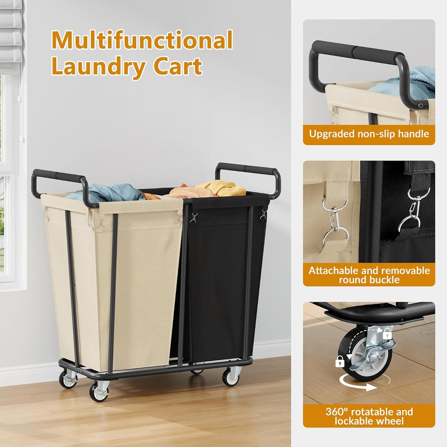 Large laundry hamper with Wheels, 2 Bag 360L Big Rolling Laundry Basket Sorter Cart, Extra Large Laundry Clothes Hamper, Heavy Duty Laundry Basket Organizer for Laundry Room,Bathroom