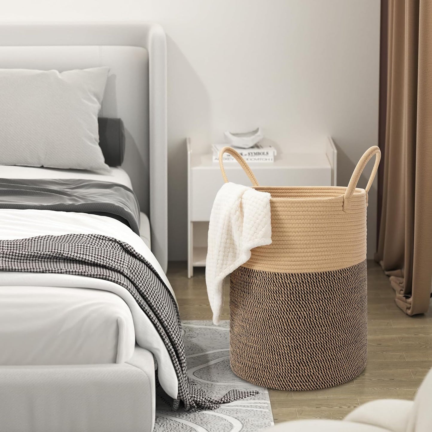 58L Cotton Rope Laundry Basket (20"x15"),Woven Basket for Storage Dirty Clothes Basket for Laundry, Living Room, Nursery, Bedroom Rope Storage Basket for Blankets(Brown/Stitches)