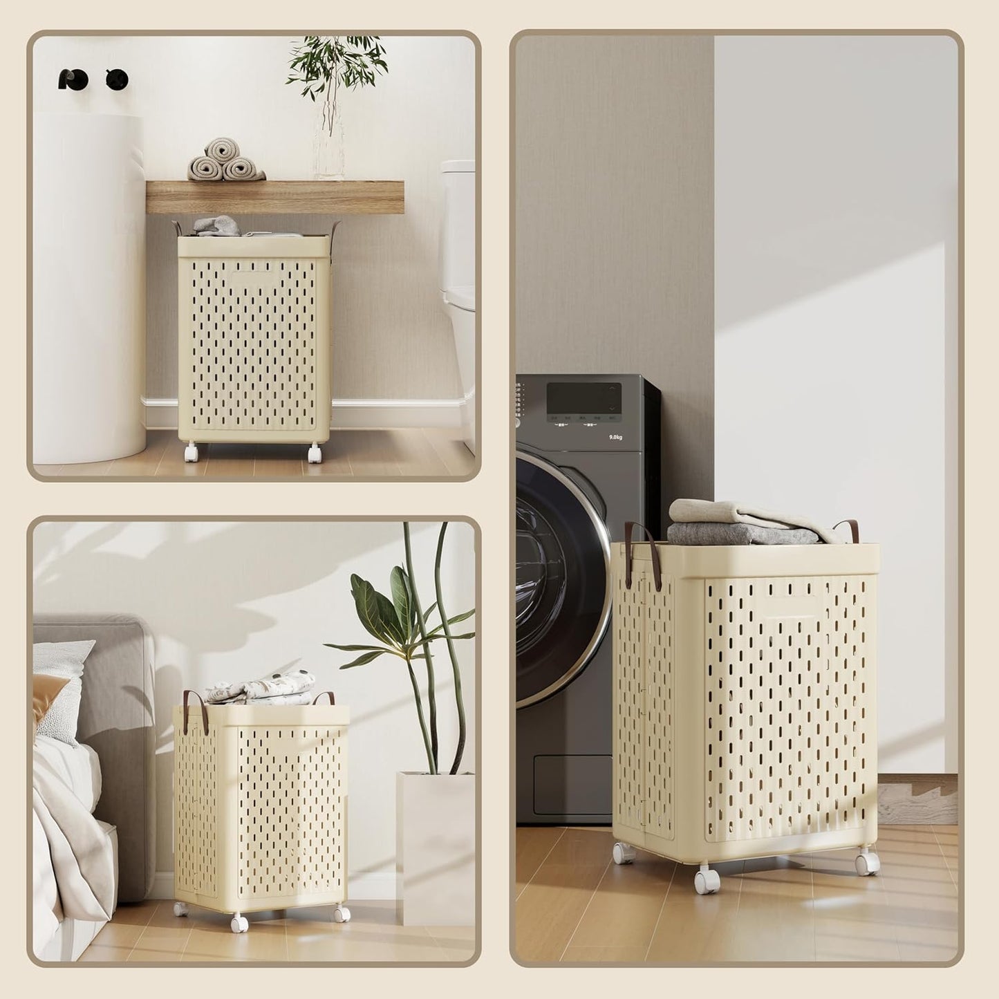 UAK Laundry Basket with Wheels, Collapsible Plastic Laundry Hamper with Handle, Foldable Laundry Basket Organizer for Laundry and Bathroom (Ivory, XXXL)
