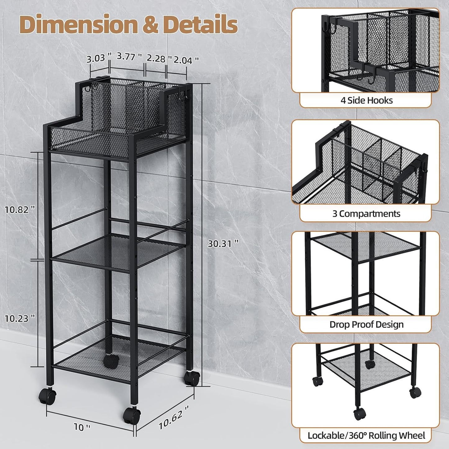 VITVITI Metal Hair Tool Organizer Shelf for Bathroom, 3 Tiers Hair Product Organizer Cart Floor Stand, Curling Irons Straighteners Storage Makeup for Vanity (Black Color)