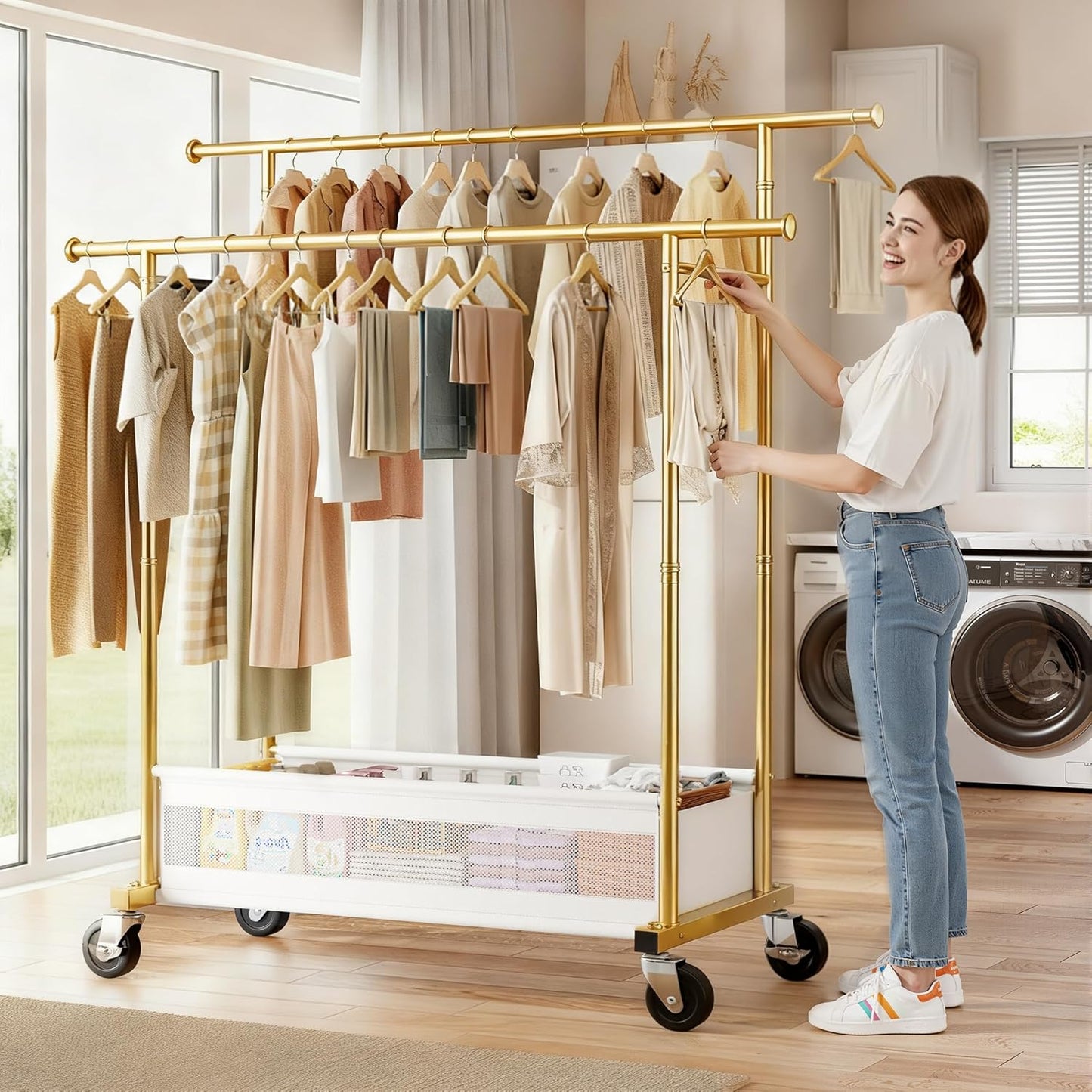 Clothes Rack, Double Rod Clothing Rack with Storage Bag & Sturdy Wheels, Metal Garment Rack for Closet Organizers and Storage, 43.3" W×17.7" D×63" H