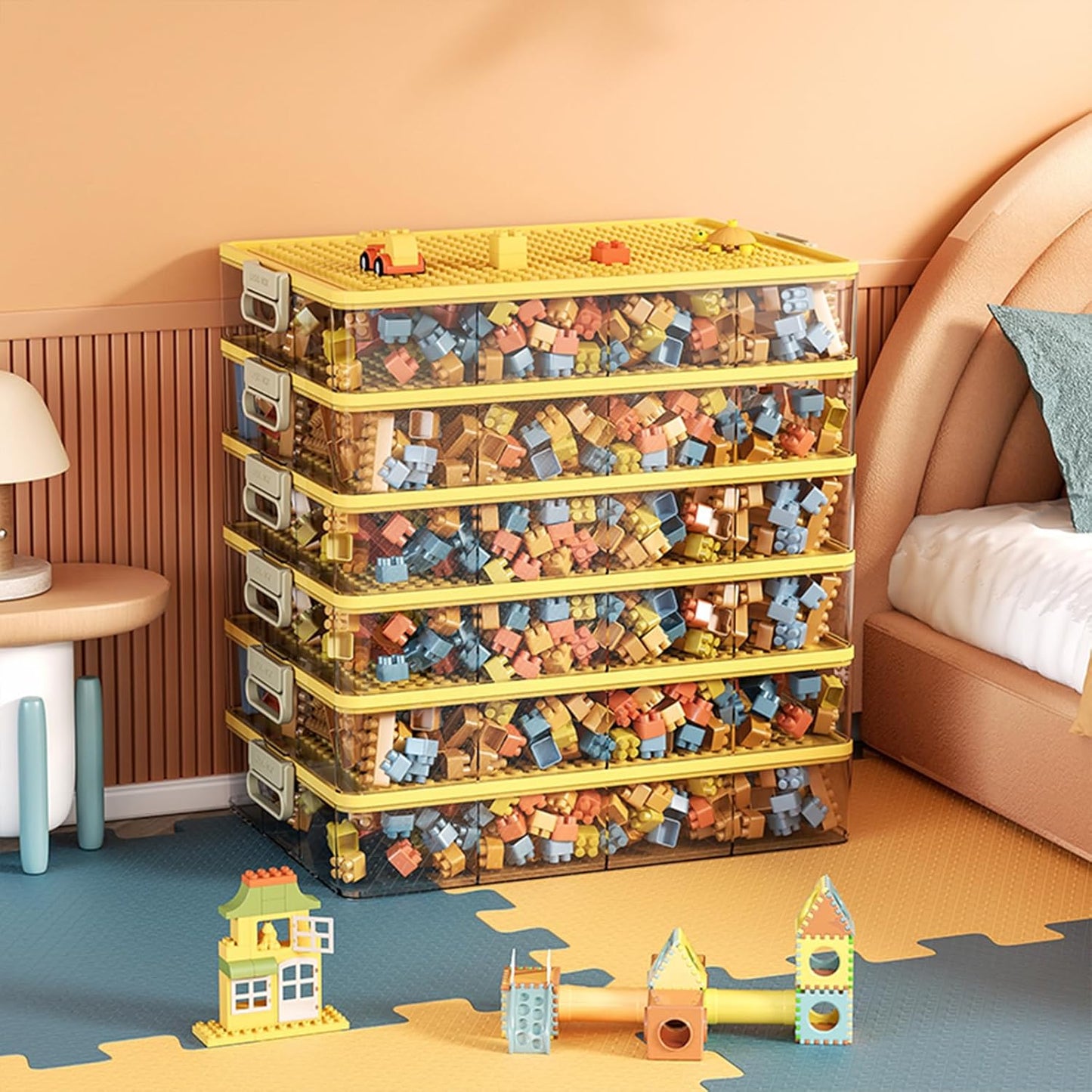 Toys Storage Organizer Bins for Lego, Stackable Toys Organizer, Lego Building Block Storage, Toy Storage Box with 24 Palace Grids, Plastic Stackable Organizer Bins (Yellow 1layer)