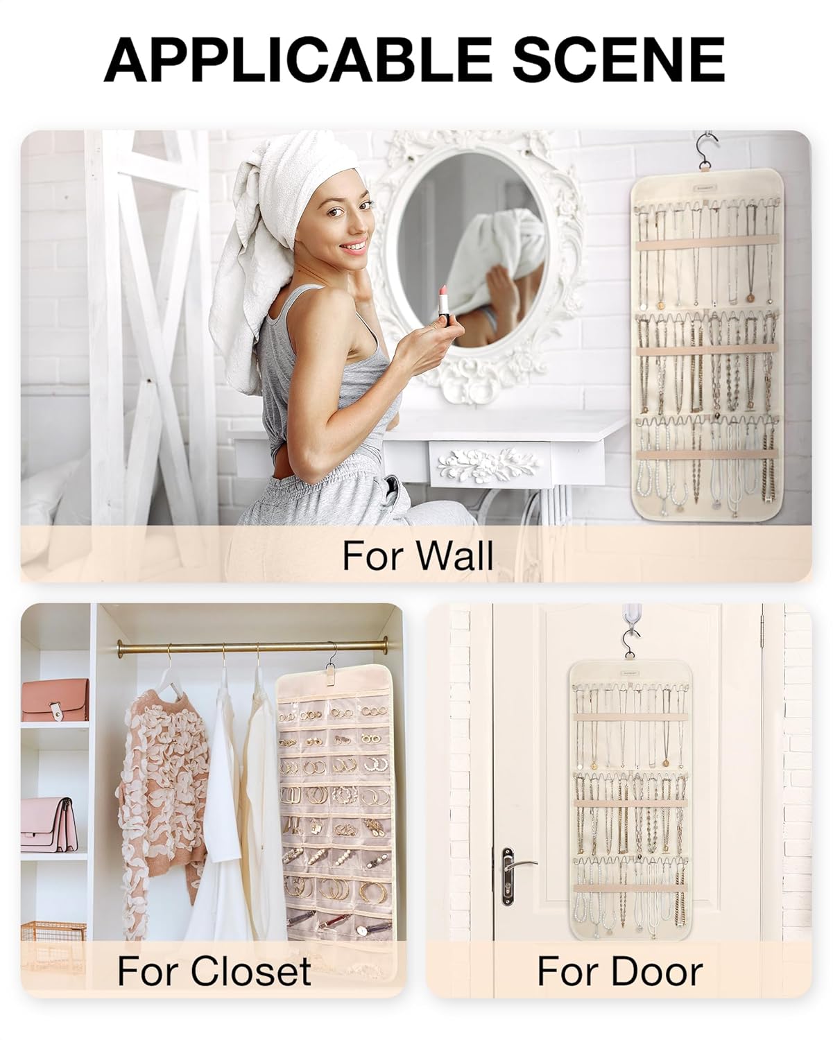 BAGSMART Hanging Jewelry Organizer Storage Roll with Hanger Metal Hooks Double-Sided Jewelry Holder for Earrings, Necklaces, Rings on Closet, Wall, Door, 1 piece, Large, Beige