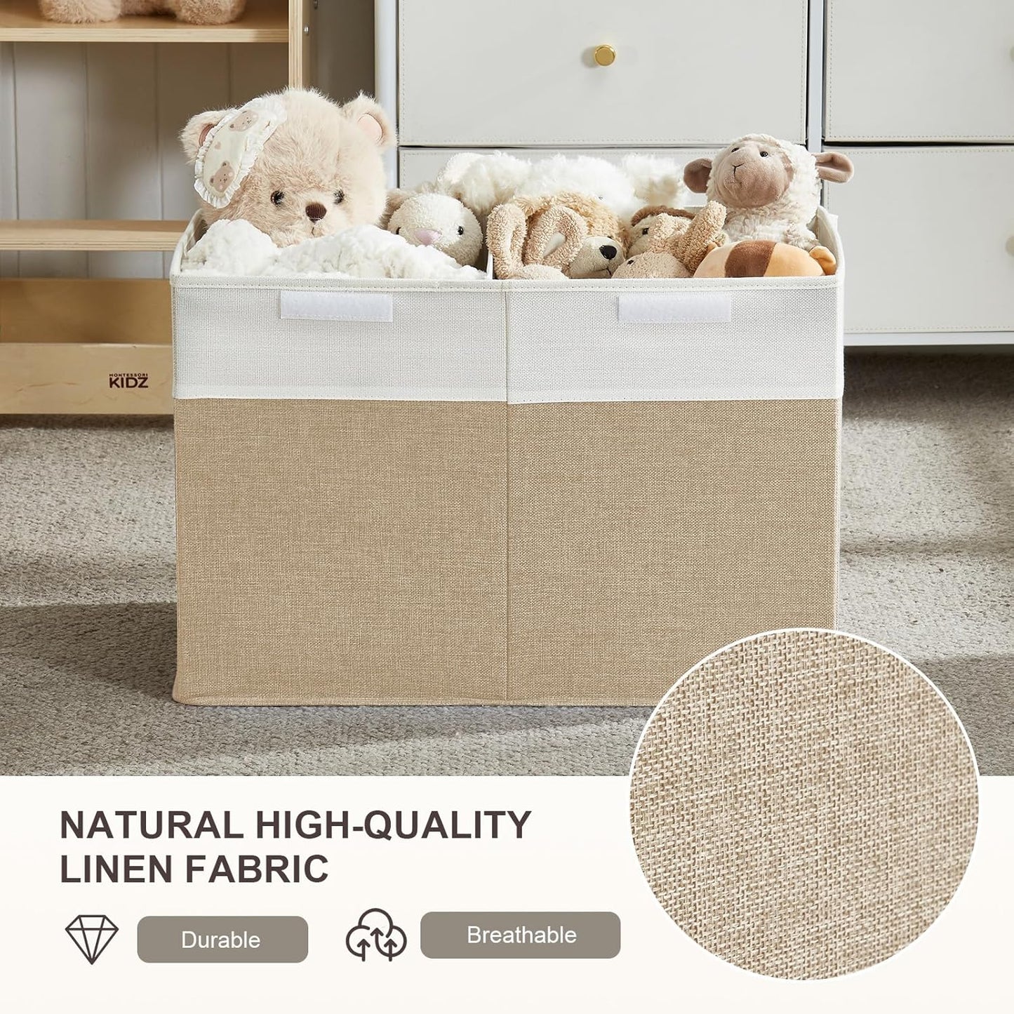 Large Toy Box with Flip-Top Lid, Collapsible Storage Organizer Bins with Dividers and Handles, Kids Bin Chest Baskets for Toys, Playroom Organizers, Nursery 25"x13" x16" (Beige & White)